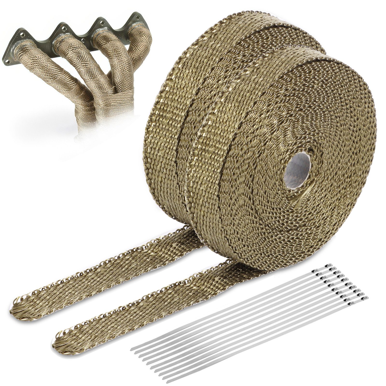 BlingBin Auspuff-Flexrohr Hitzeschutzband Basaltfaser, 10M Auspuffband mit Kabelbindern, (Motorrad Auspuffisolierung, 2-tlg), Bogen, Verlängerung, T-Stück, Reinigungsrohr, Gelenkbogen, für Motorrad & Auto, Hochtemperatur Isolierung, Krümmerband