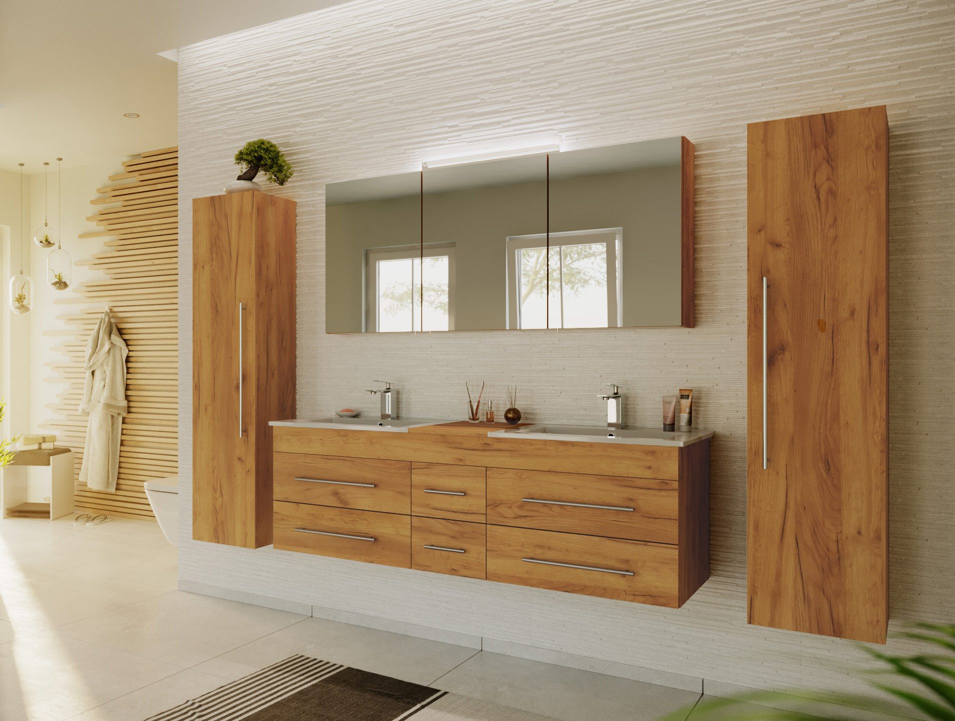 Magnolia Home Waschtisch Badmöbelset Roma XL 4-teilig Spiegelschrank 2x Hochschrank eiche gold