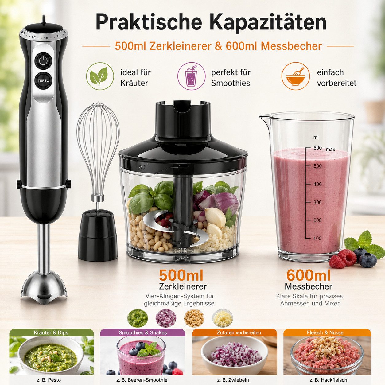 Luckice Stabmixer 1000W 4in1 Elektrisch Edelstahl Pürierstab mit 20 Geschwindigkeiten, 1000 W, TURBO-Taste für die Zubereitung von Soße,Babynahrung und Suppe – Bild 4 von 5