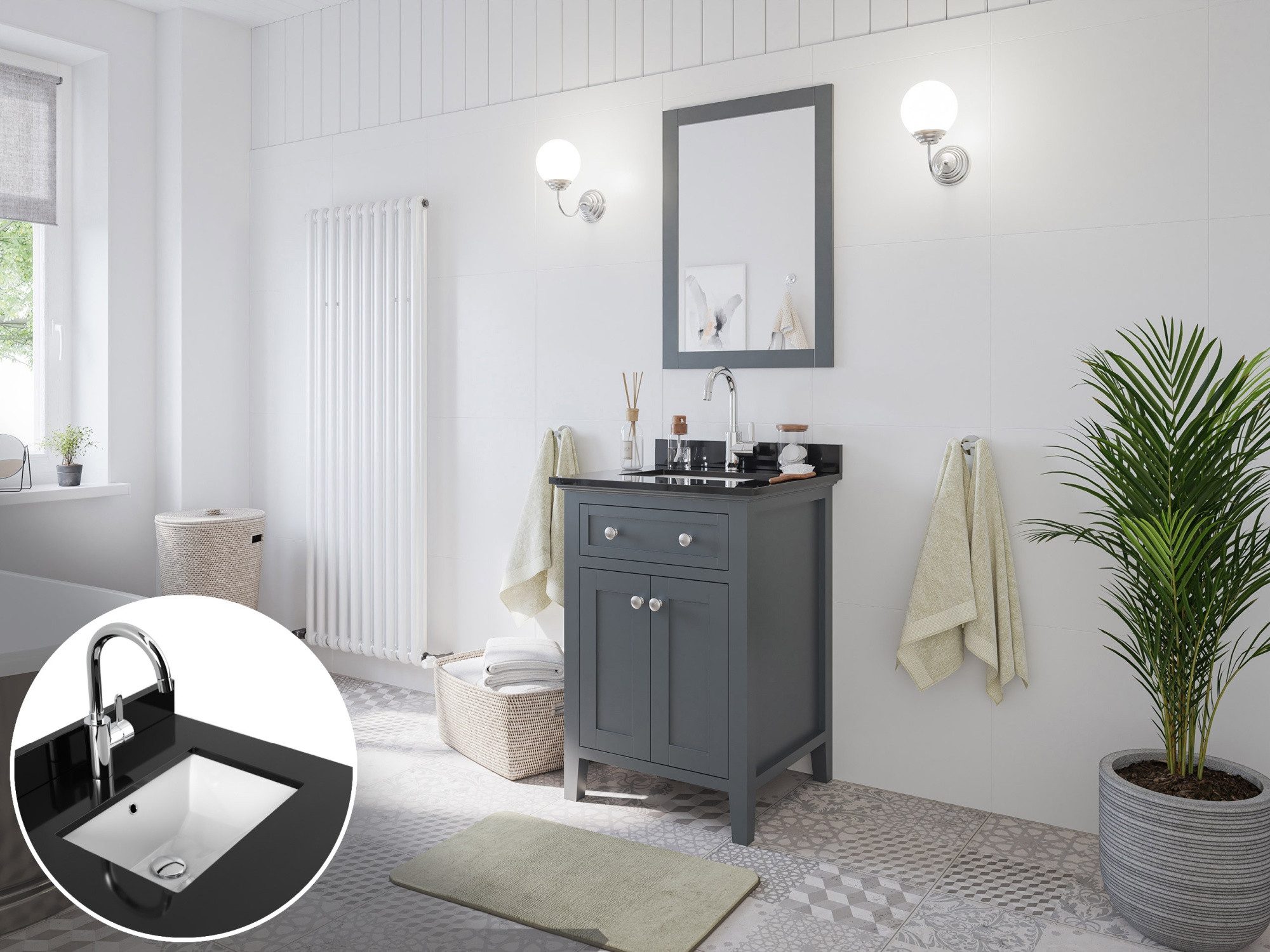 Magnolia Home Badmöbel-Set Landhaus Badmöbel-Set 2tlg Postigo 60 Quarz schwarz montiert grau lack