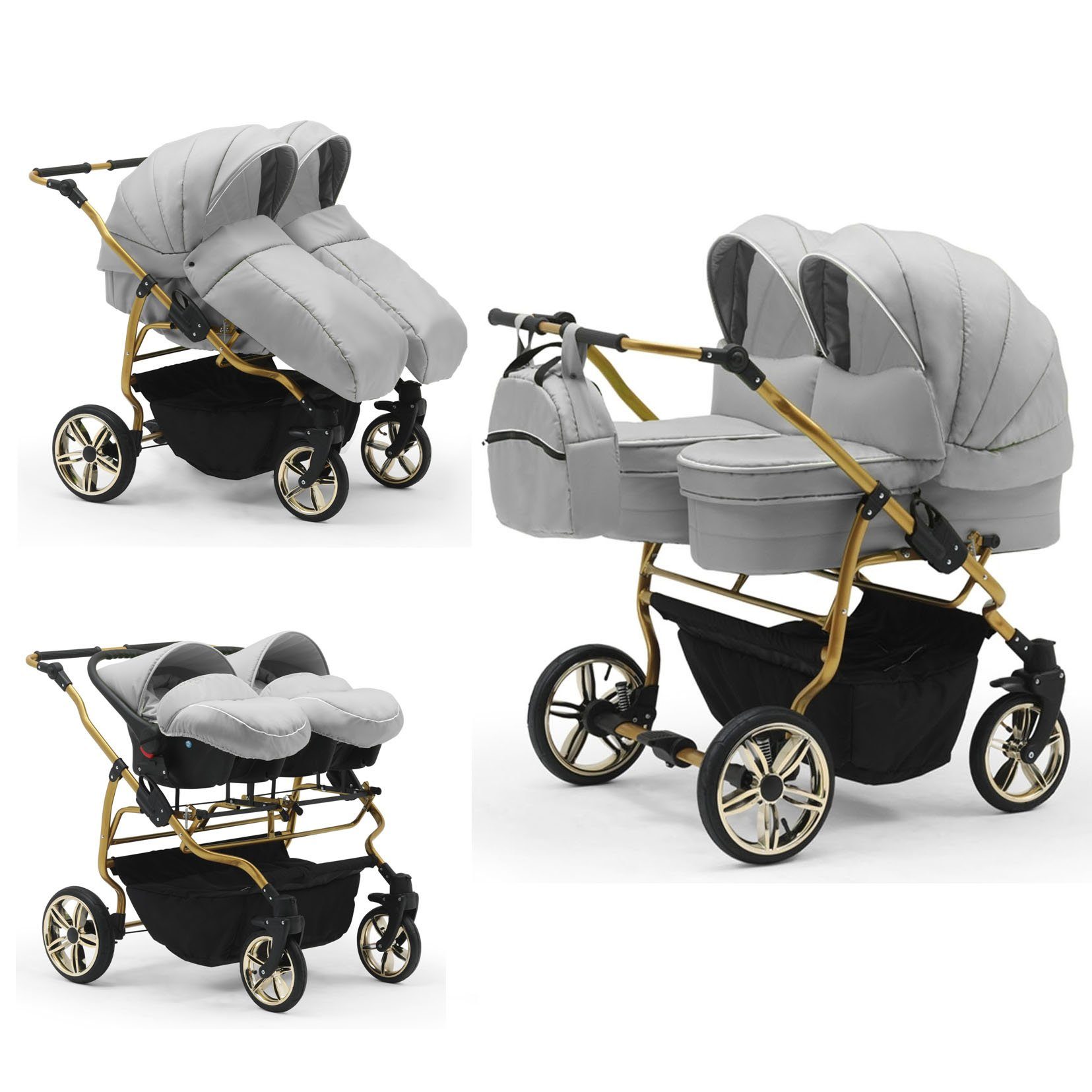 babies-on-wheels Zwillingswagen Duet Lux Gold 3 in 1 inkl. Autositze - 13 Teile - in 33 Farben Hellgrau