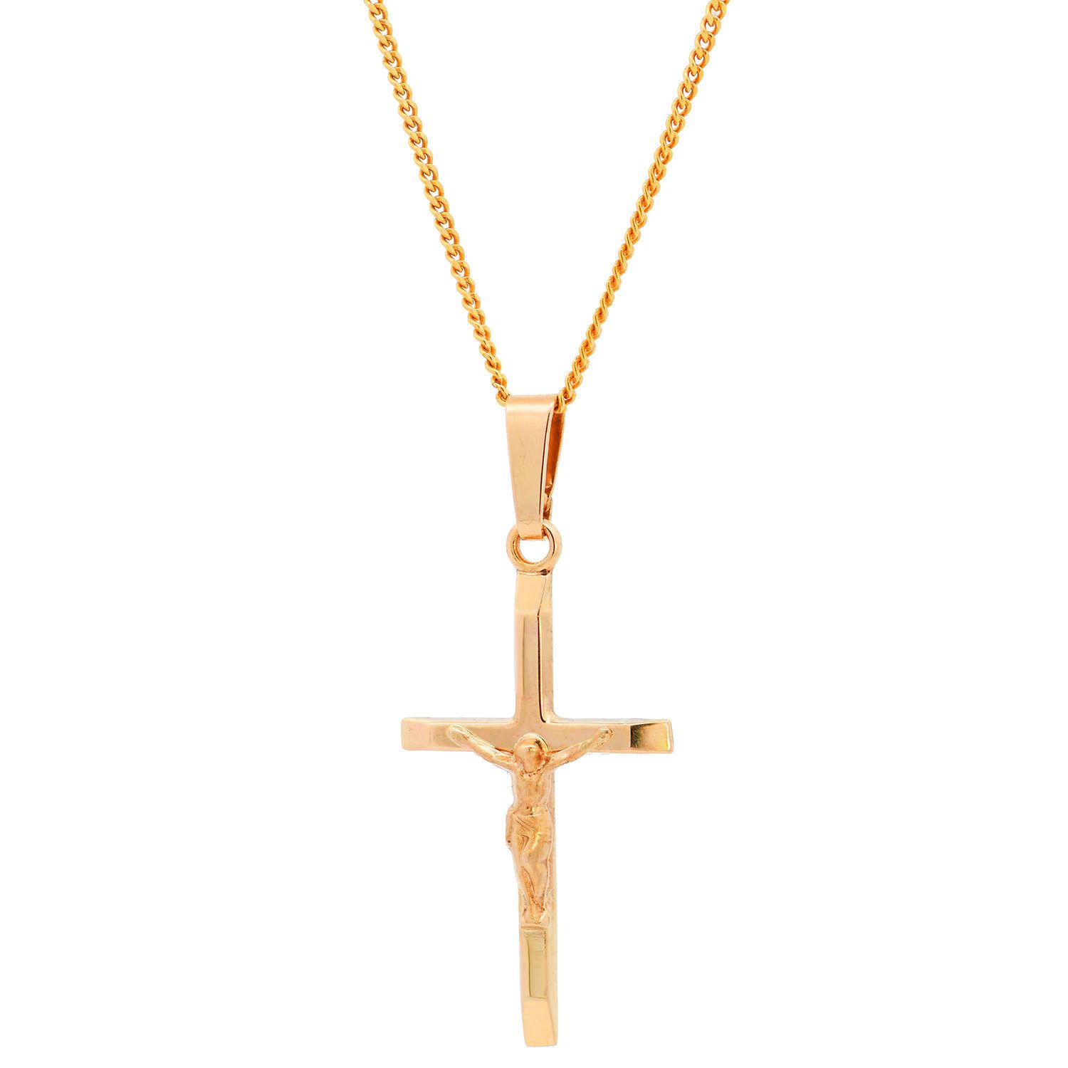 HOPLO Kreuzanhänger Anhänger Kreuz Korpus 585 Gold mit vergoldeter Silberkette 36 cm, Made in Germany