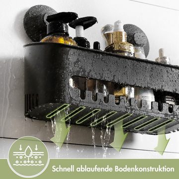 Elegear Duschablage Duschkorb (30X13 cm) Ohne Bohren mit stark Saugnapf, 1-tlg., Schwarz Dusch Ablage mit 8 Haken