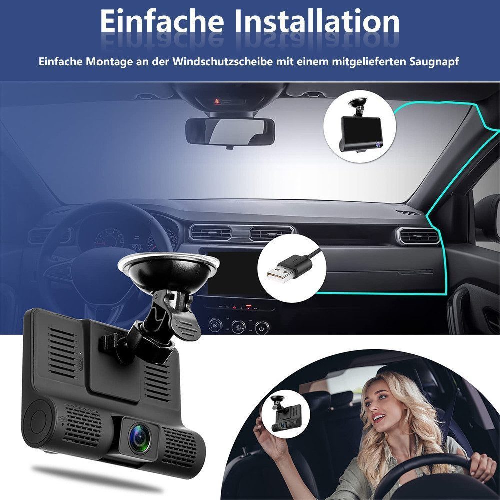 Hikity 4 Zoll 3-Wege-Auto-Kamera FullHD 1080P, 170° Weitwinkel Dashcam Dashcam (Abdichtung)