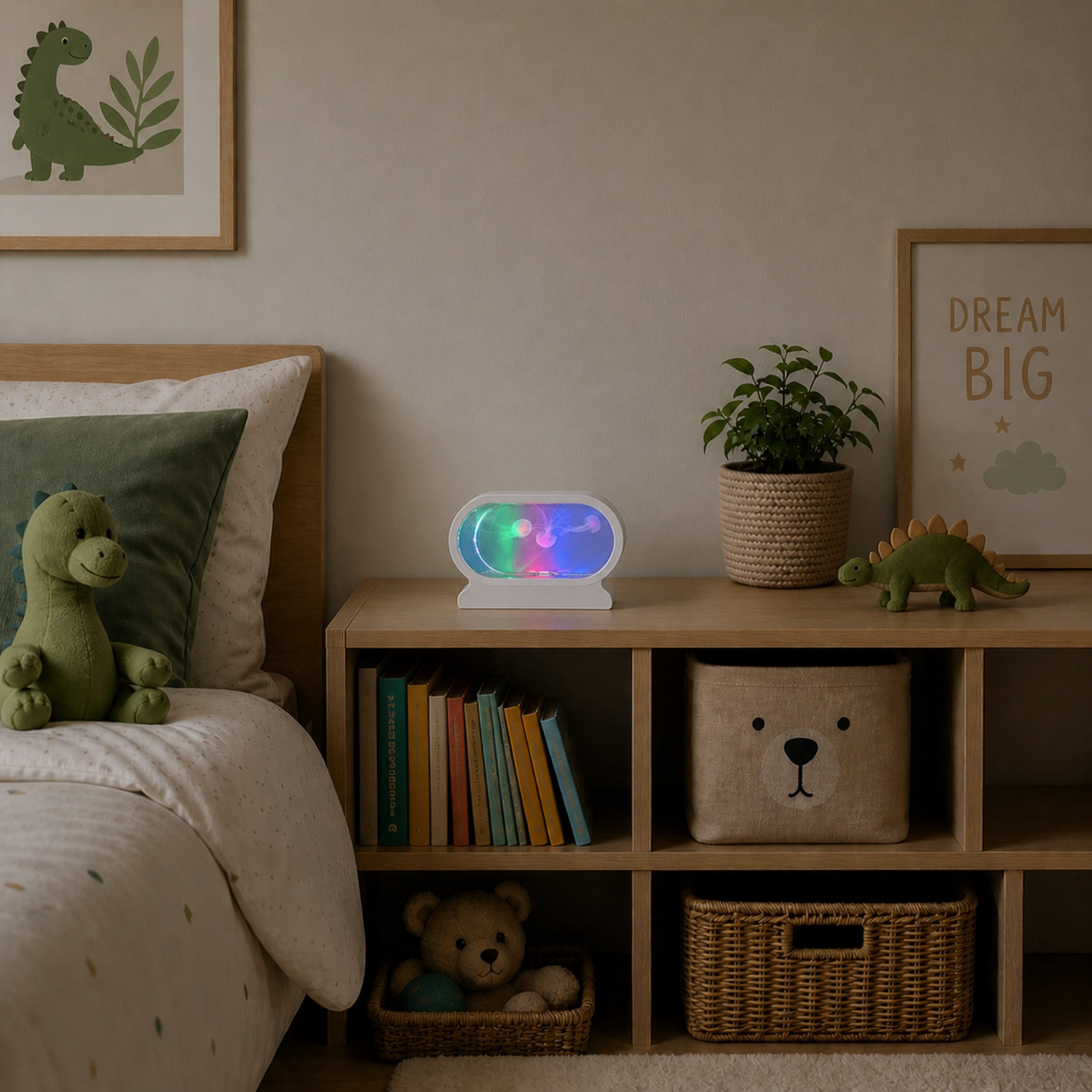 Lightbox Tischleuchte, LED Tischleuchte, schwebende Quallen, RGB, 20 x 14 cm, weiß