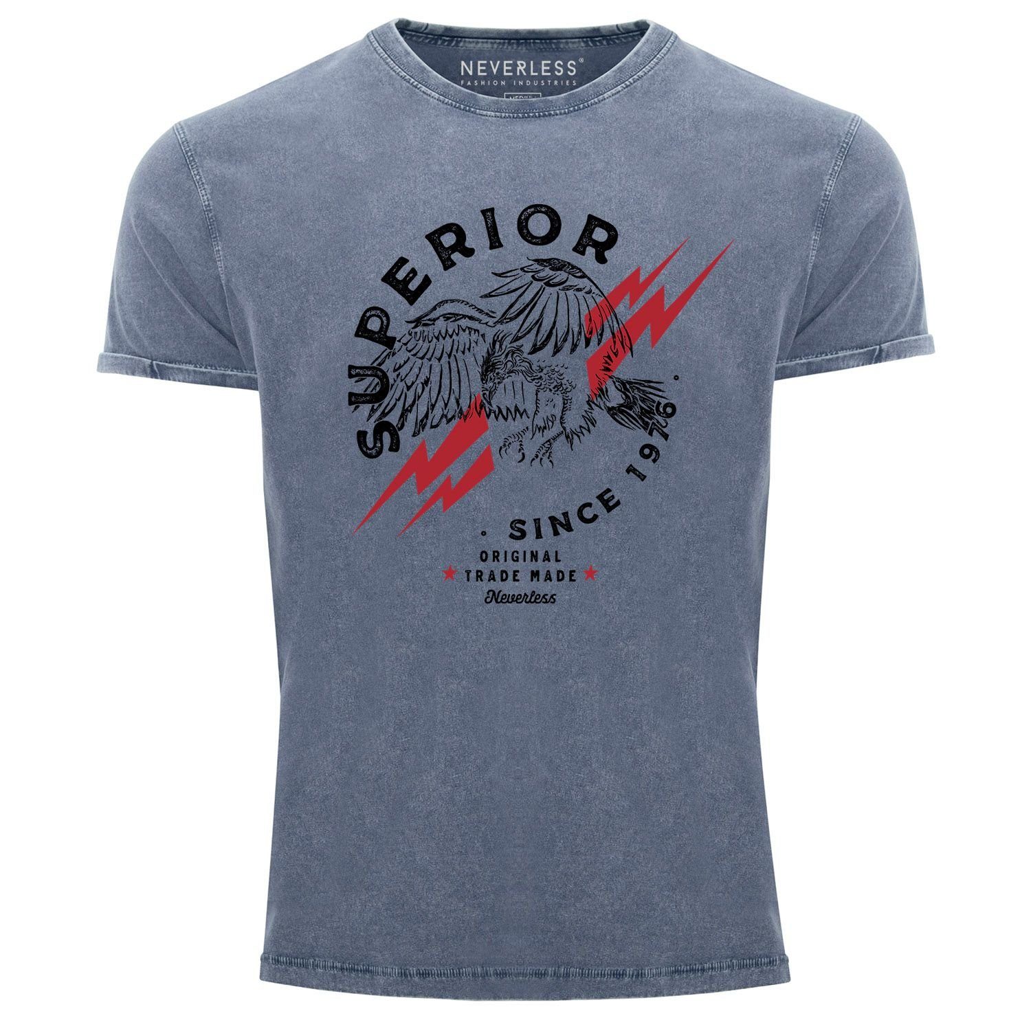 Vintage Print-Shirt Aufdruck Neverless Print Printshirt Neverless® Eagle Superior Since 1976 Used Herren Look Shirt mit T-Shirt blau Adler Fit Print Slim
