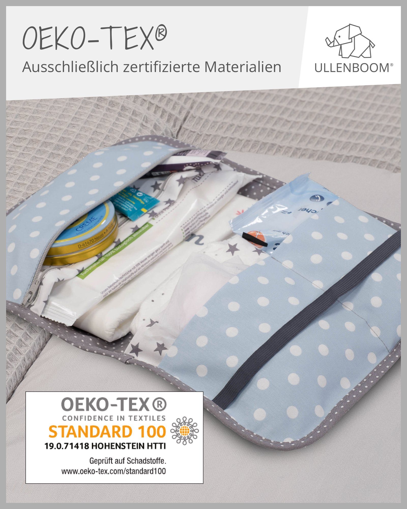 Windeletui, für Zubehör ® Blau Windeln, Windeltasche bis weiteres 3 (Made Wickeltasche Feuchttücher in ULLENBOOM EU), Windeltasche & zu Hellblau unterwegs für Grau