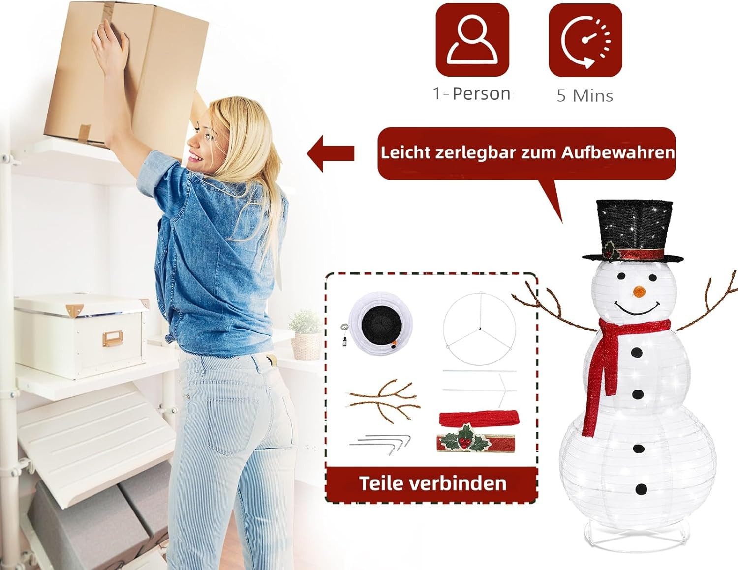 LALAHO Schneemann LED-Schneemann Weihnachten deko, 120cm mit 90 LEDs Weihnachtsbeleuchtung für Innen und Außen – Bild 3 von 5