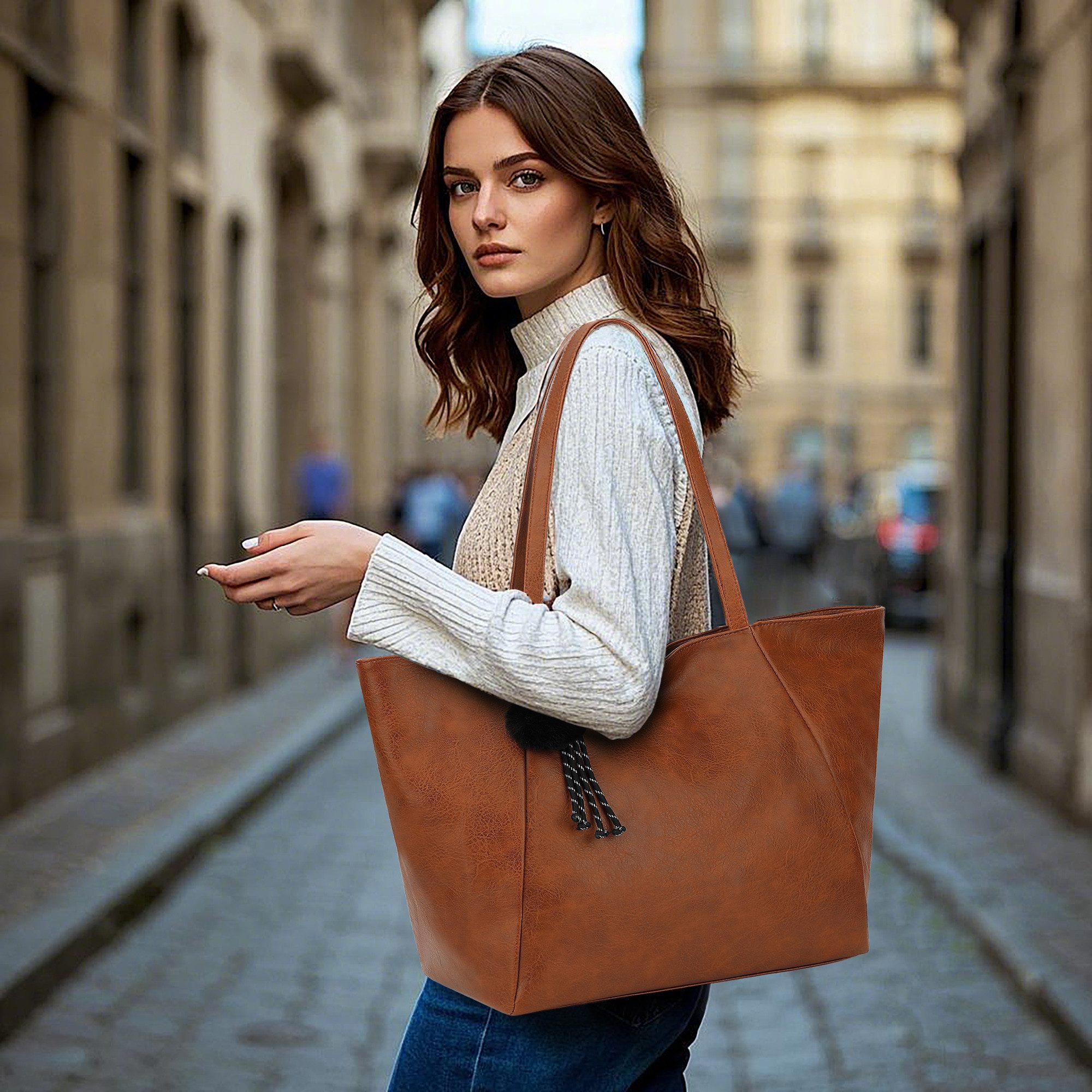 TAN.TOMI Schultertasche Umhängetasche Shopper Bag mit Reißverschluss, Mit Innentaschen, dekorative Anhänger für Arbeit Einkauf Reisen – Bild 2 von 5