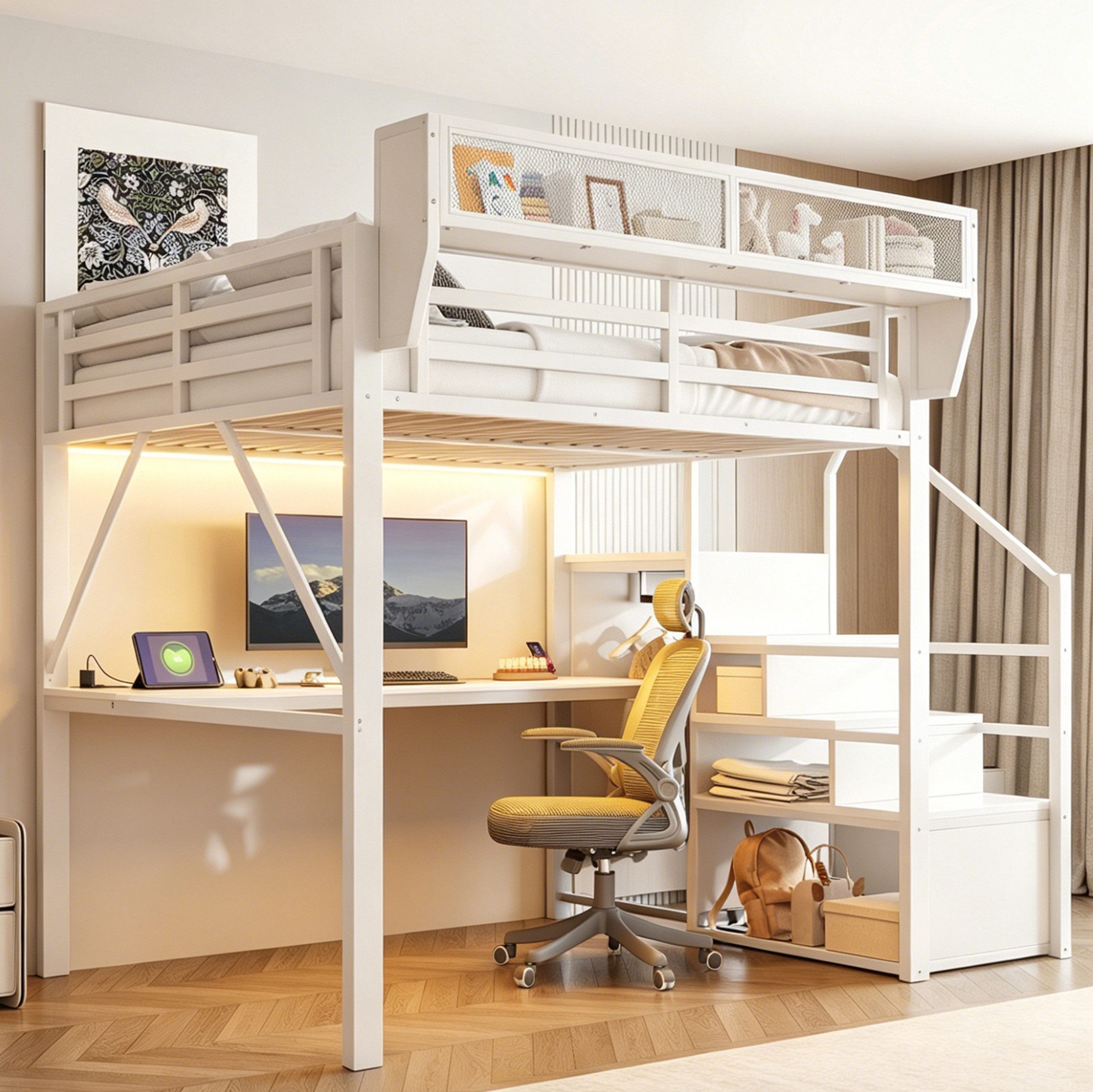 REDOM Hochbett Jugendbett mit integriertem Schreibtisch, Eisenbett (140x200cm, LED-Beleuchtung und flexiblem Regal, multifunktionales Loftbett) Kinderbett Funktionsbett, ohne Matratze