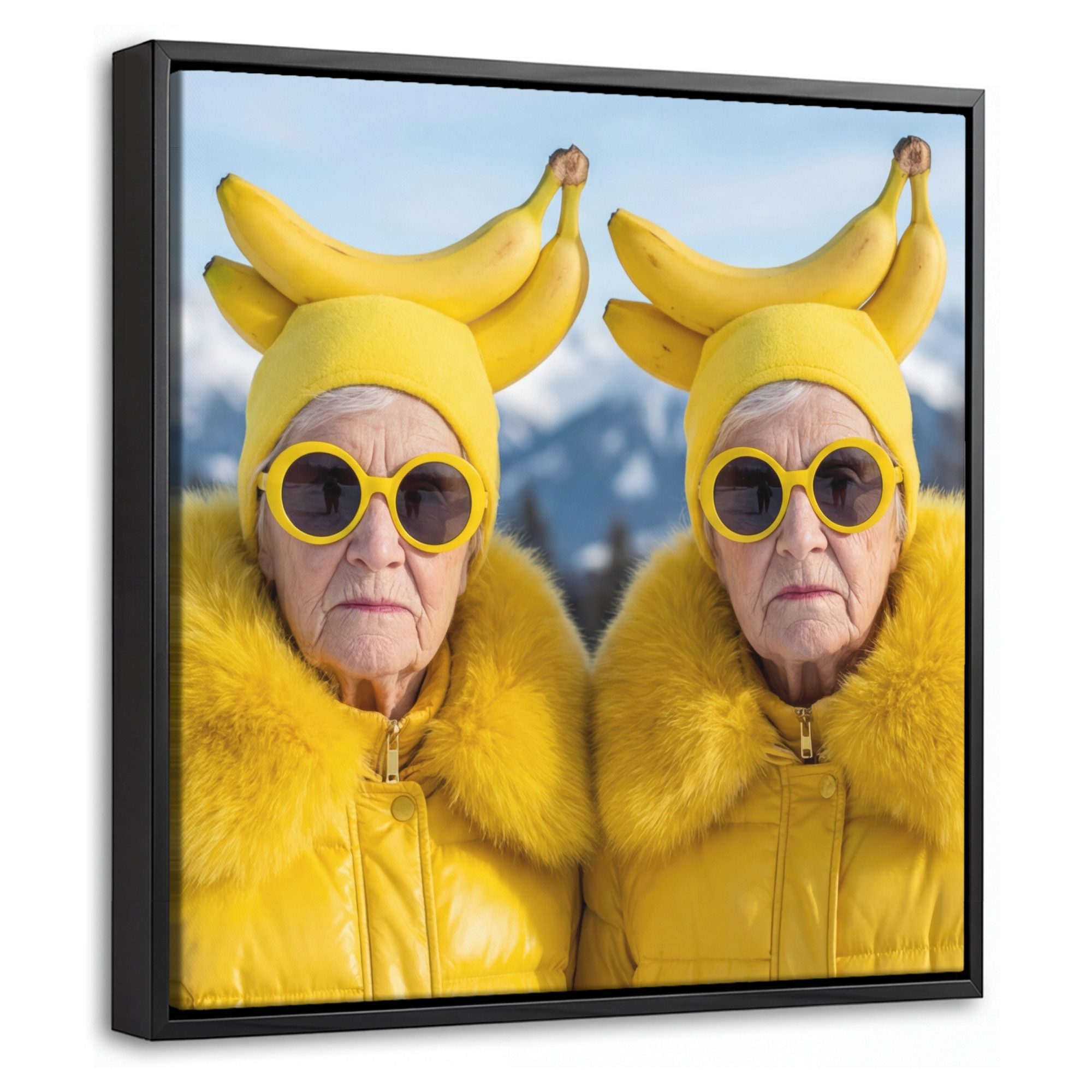 OneMillionCanvasses® Leinwandbild mit Rahmen - Frauen - Bananen - Gelb, Fotodruck (1 St), Leinwand Bilder Klein, Wand Dekoration Aesthetic 20x20cm