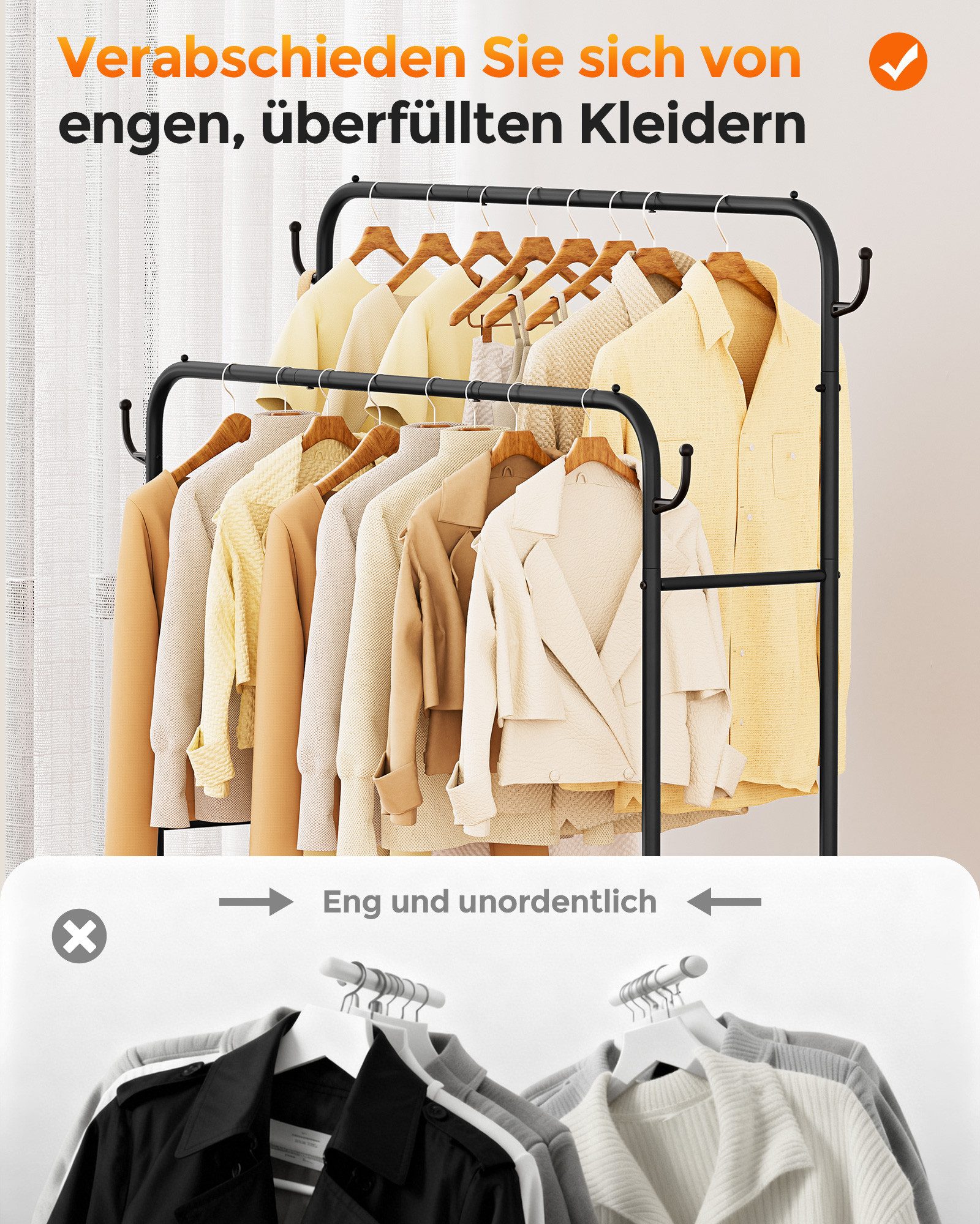 Oak&Tea Kleiderständer Garderobenständer Metallgestell Doppelkleiderstange, mit 2 Ablagen, seitlichen Haken, Rollen, Metallgestell – Bild 5 von 5