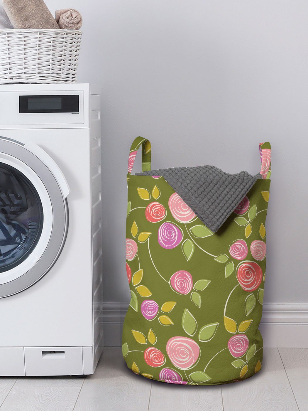 Spiral mit Wäschesäckchen Abakuhaus Griffen Kordelzugverschluss für Waschsalons, Wäschekorb Sketch Knospen Rose Simplistic