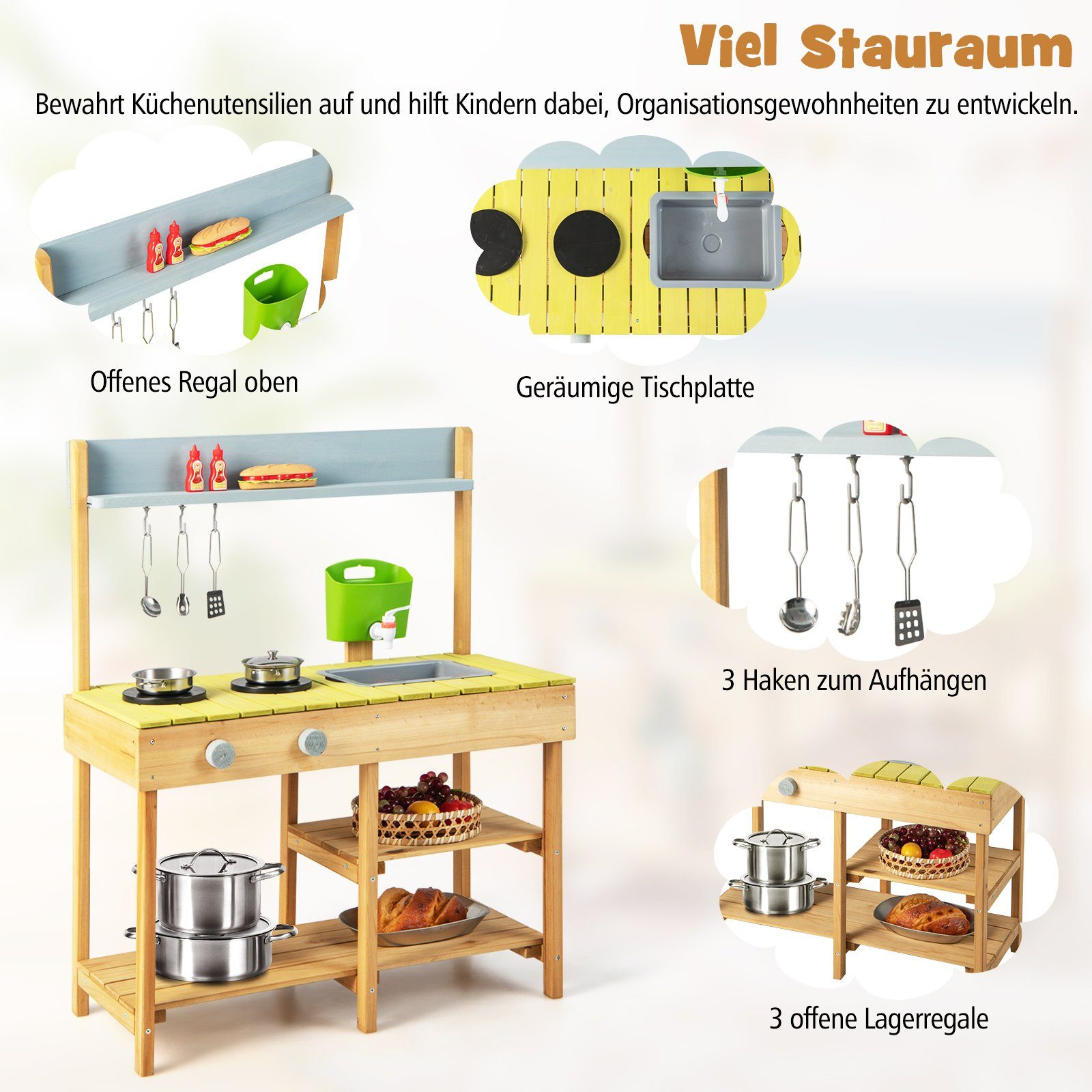 COSTWAY OutdoorSpielküche Kinderküche Holz, mit Stauraum, für Garten