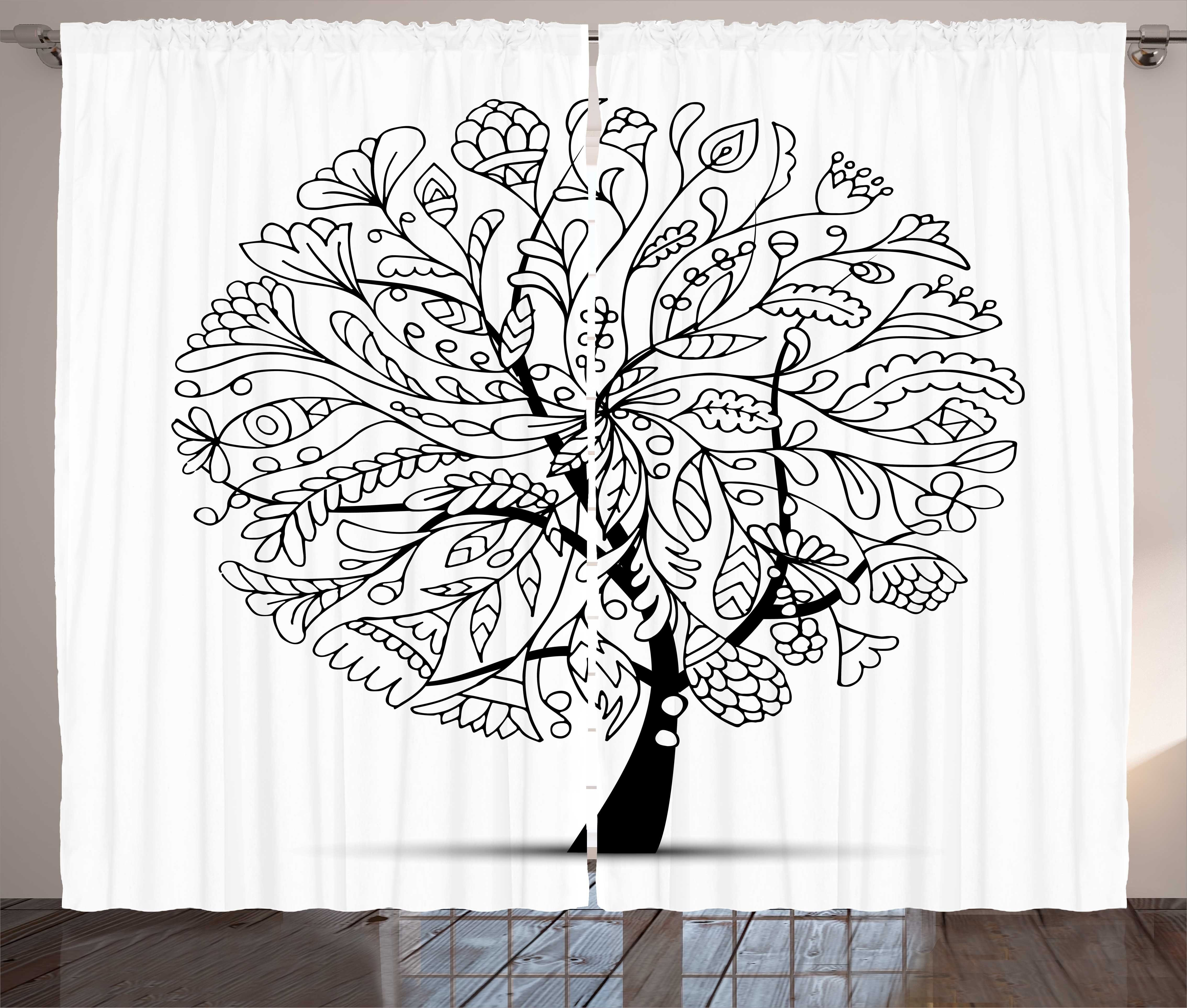 Weiß Vorhang mit und Haken, Kräuselband Blumenbaum Abakuhaus, Gardine Abstrakt Schlaufen belaubter Schlafzimmer