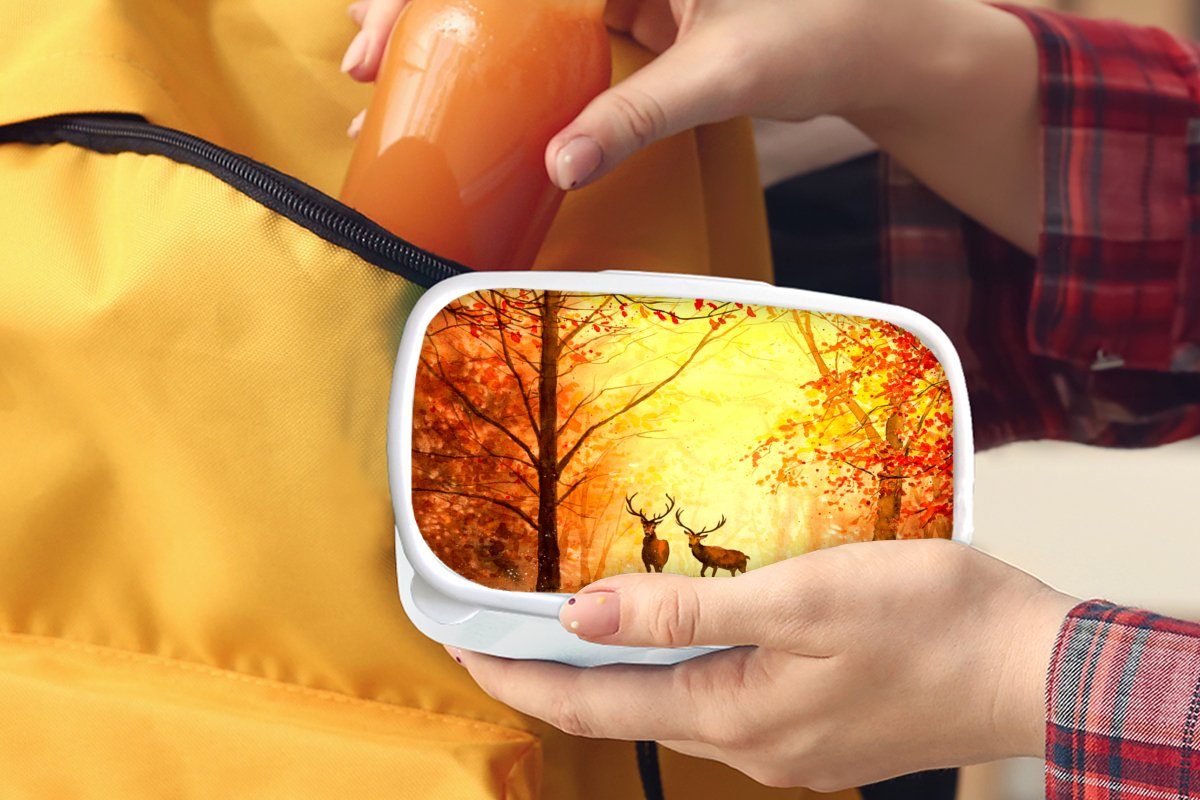 Hirsche Brotbox - (2-tlg), Orange, - MuchoWow - und Ölfarbe Natur für Lunchbox Erwachsene, - - für und weiß Tiere Herbst Kunststoff, Jungs Kinder Brotdose, Mädchen