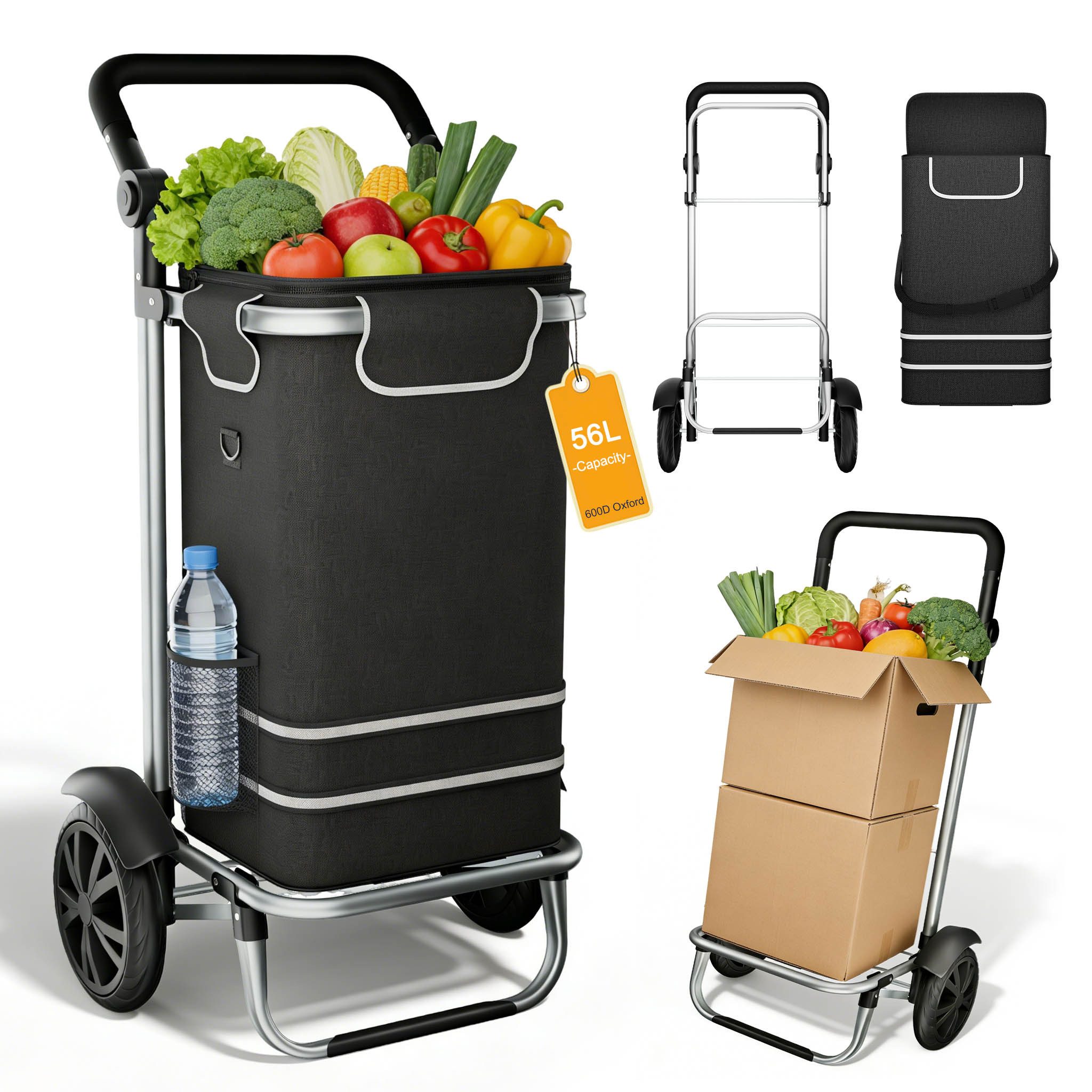 FIVMEN Einkaufstrolley 56L Trolley Einkaufswagen mit Extra Großen Rädern, 3 in 1 Treppensteiger Trolley mit Wasserdichter Tasche und Kühlfach