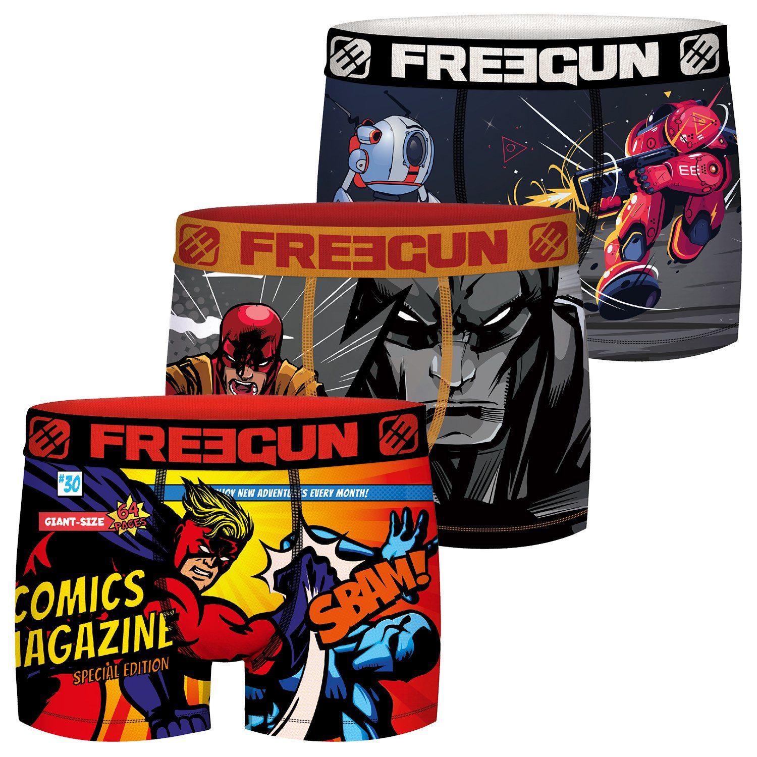 Jungen mit Boxershorts Eingriff Stretch Regular Print Fit 2 (3-St) Freegun Motivmix Trunks ohne Comic