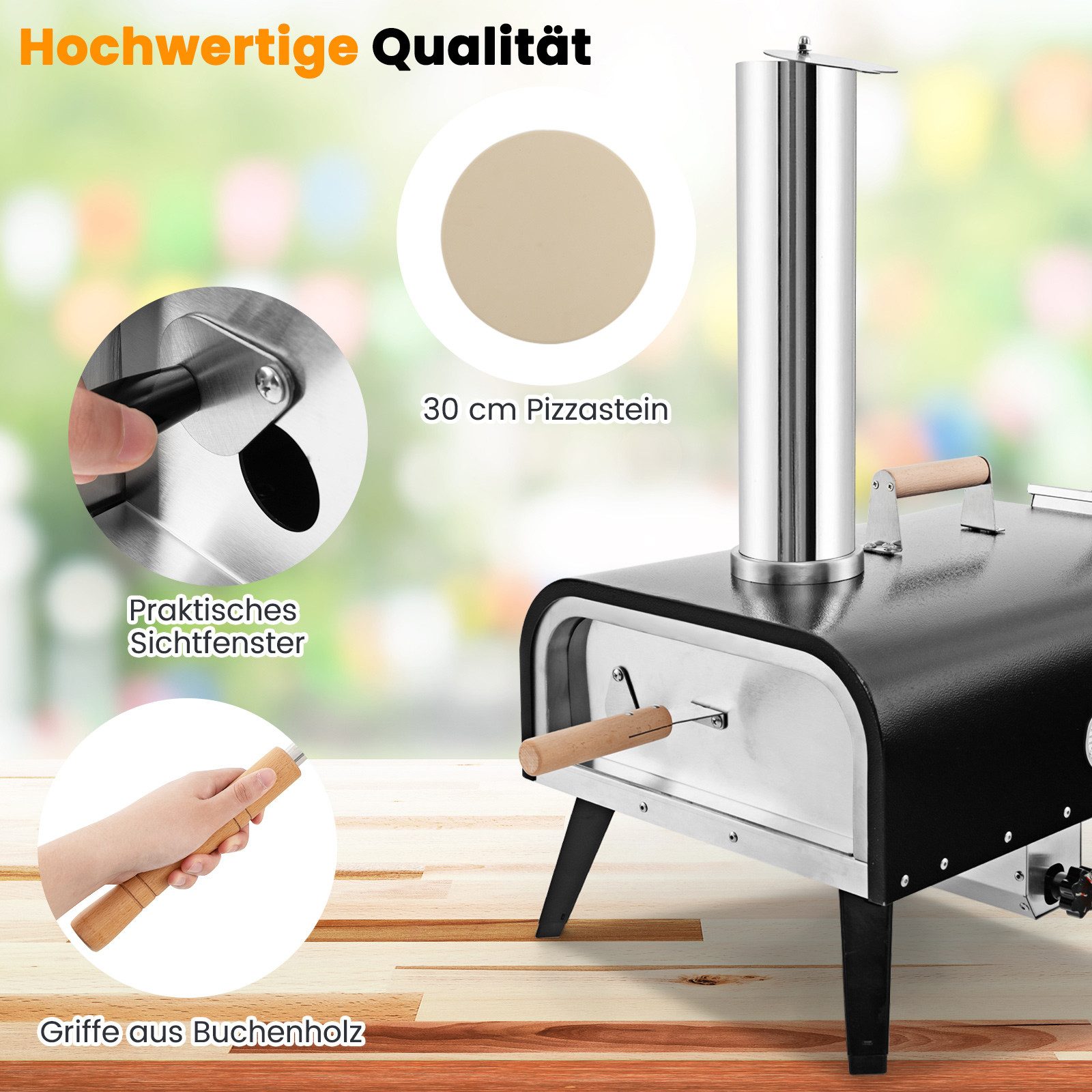 COSTWAY Pizzaofen, Outdoor aus Edelstahl mit Pizzastein, Pizzaschaufel