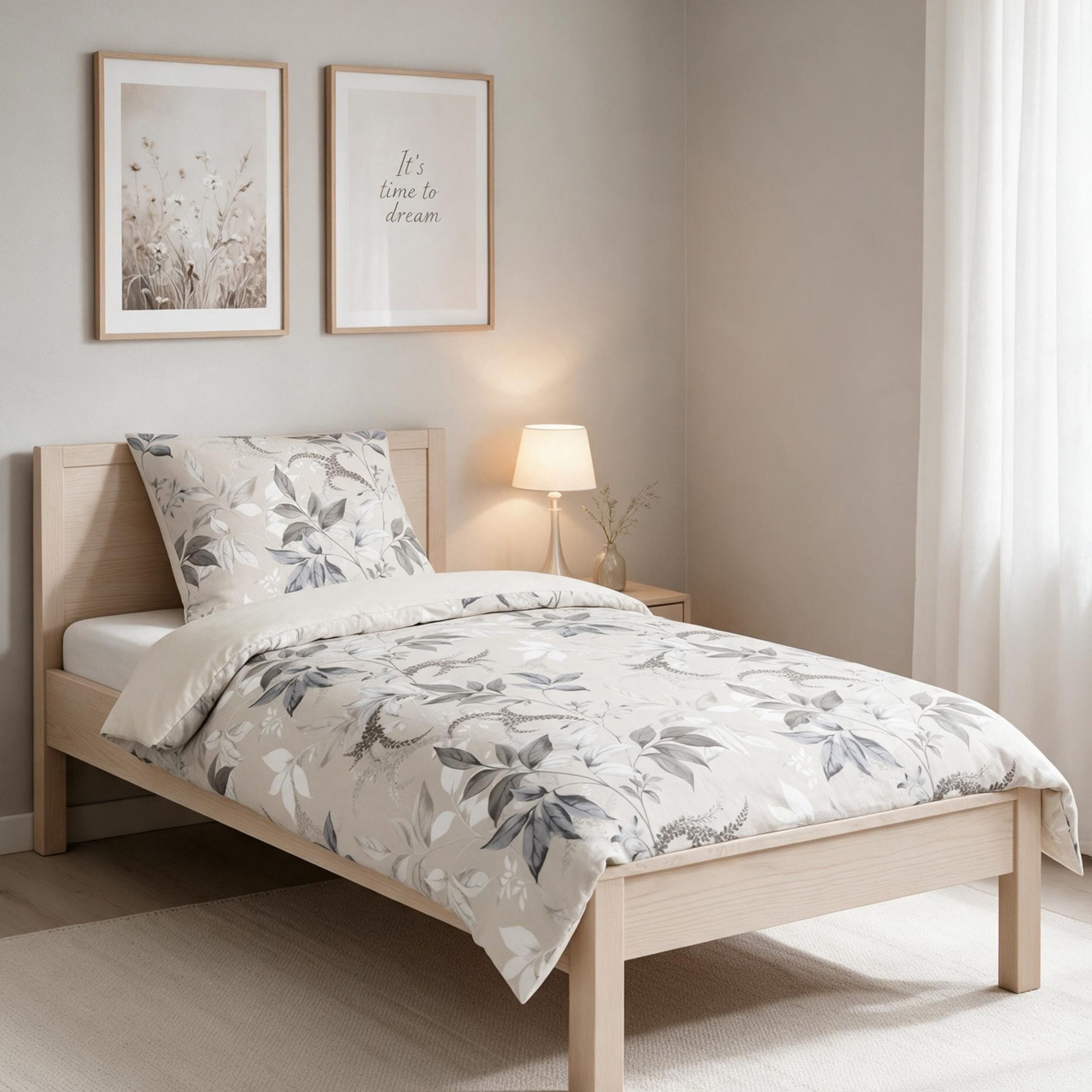 MTOnlinehandel Bettwäsche Blattgeflüster 135x200 cm Jersey, Blätter, 100% Baumwolle, 2 teilig, Botanisches Wendedesign in Beige & Grau für moderne Schlafzimmer