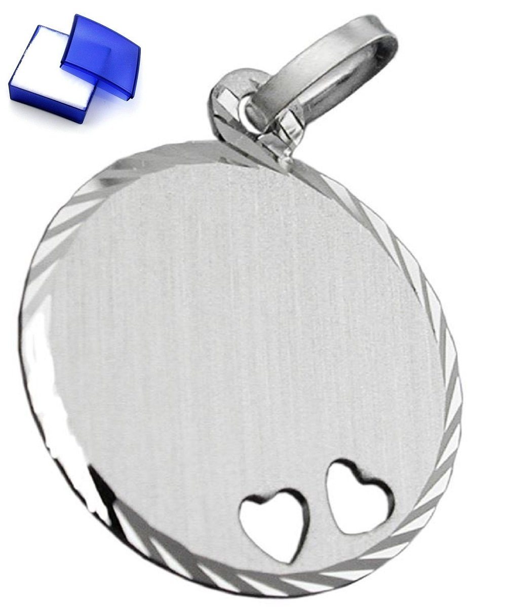 Valentinstagsgeschenk unbespielt Kettenanhänger Anhänger Gravurplatte rund 2 Herzen matt-diamantiert 925 Silber, Silberschmuck für Damen und Herren, s