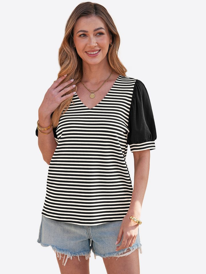 Imily Bela T-Shirt Damen Kurzarm Stricken mit Streifenmuster Puffärmeln und V-Ausschnitt (Packung, 1-tlg., 1per-Pack) gehäkelt
