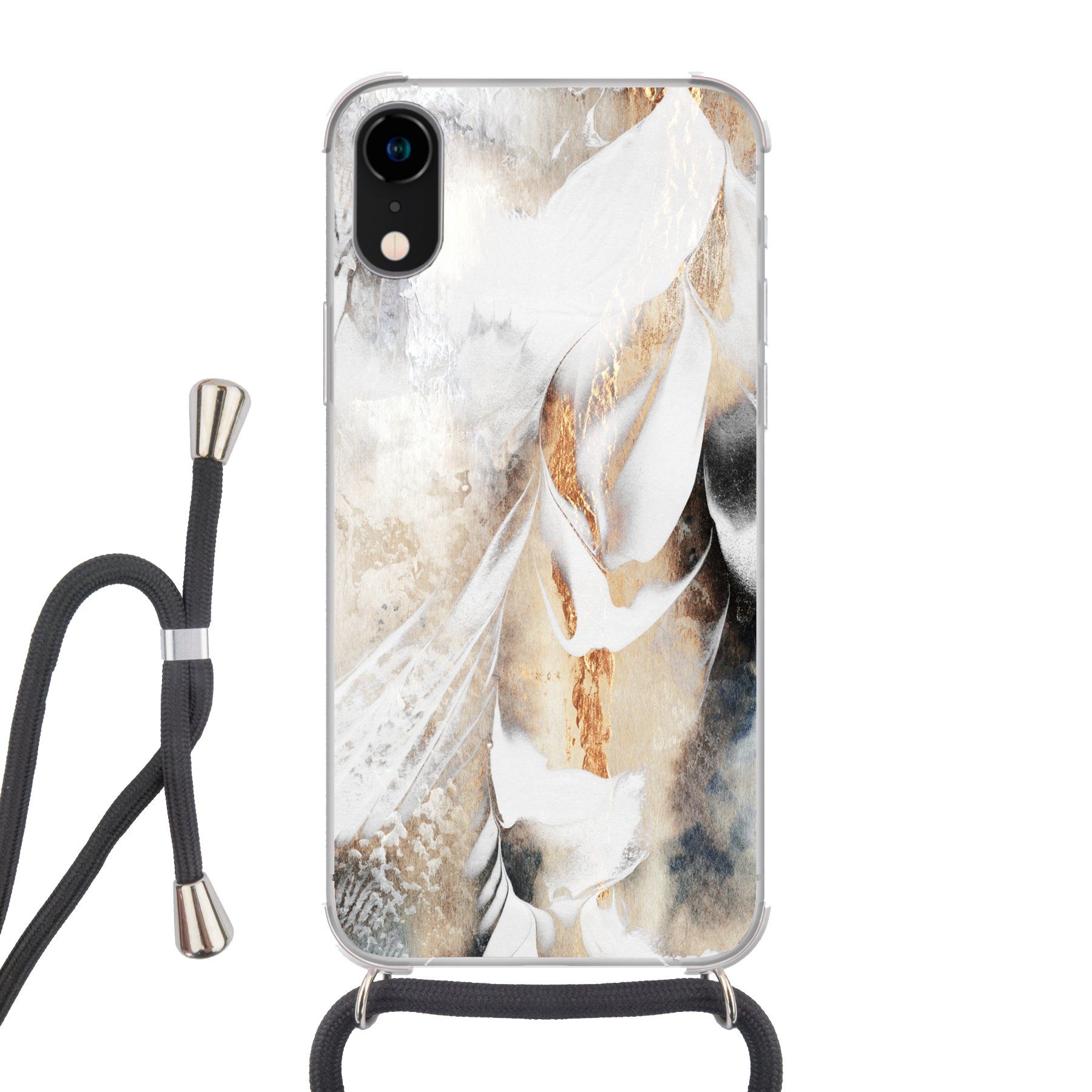 MuchoWow Handyhülle für Apple iPhone XR Abstrakt - Gold - Design - Luxe, Tragbare Handyhüllen mit Kette zum umhängen, Handykette Handyband