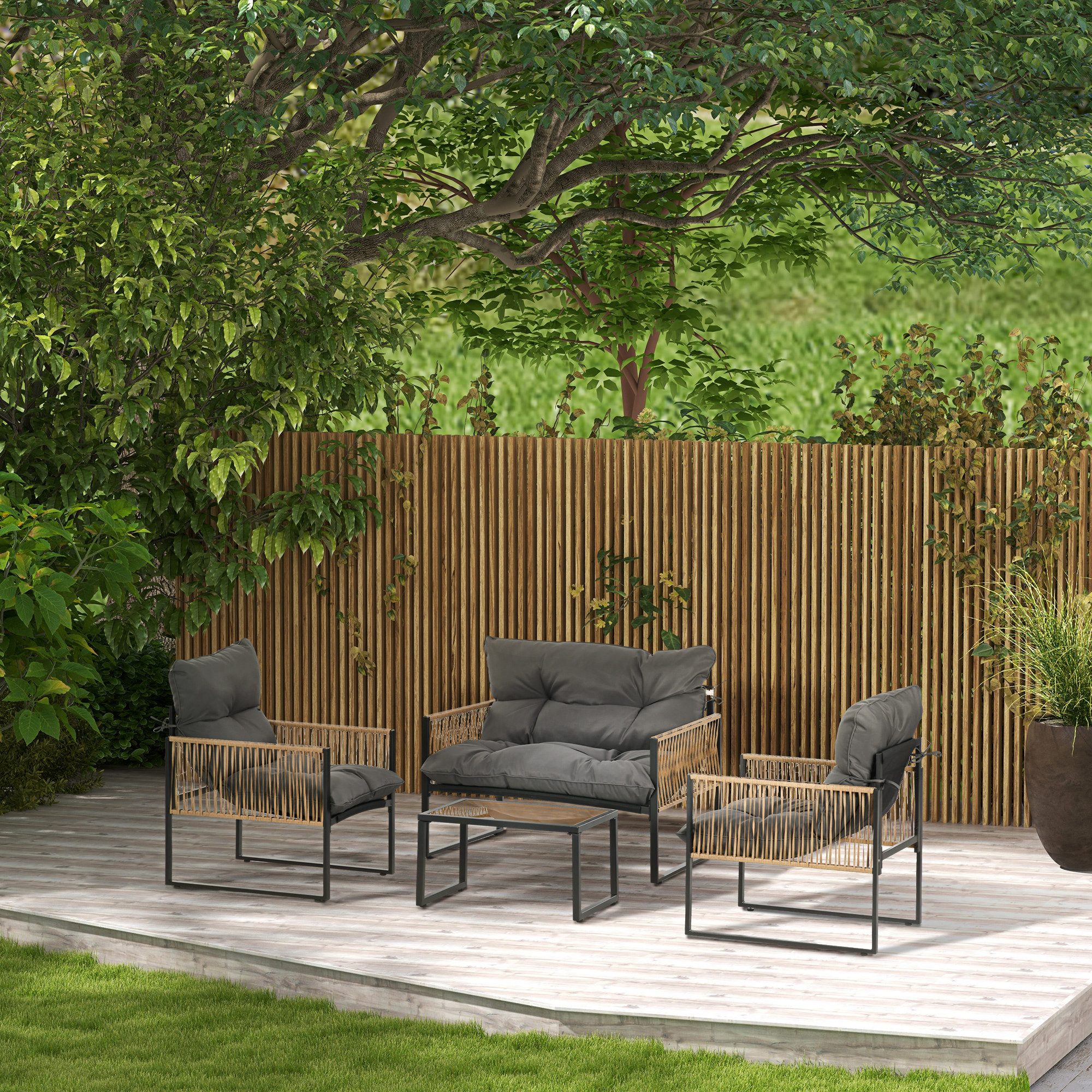 OKWISH Gartenlounge-Set 4‑tlg. Rattan mit Kissen – 1 Glastisch, 2 Sessel & 1 Doppelsofa, (Elegante Sitzgarnitur für entspannte Stunden im Freien, 4-tlg), Wetterfeste Gartensitzgruppe für Terrasse, Balkon & Garten