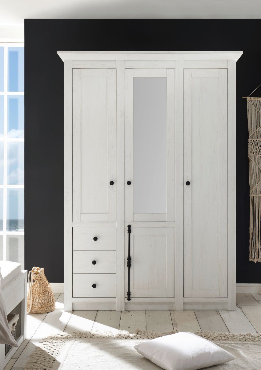 Empinio24 Kleiderschrank WALES 4-türig, 147x206 cm, mit 3 Schubkästen, weiße Pinie
