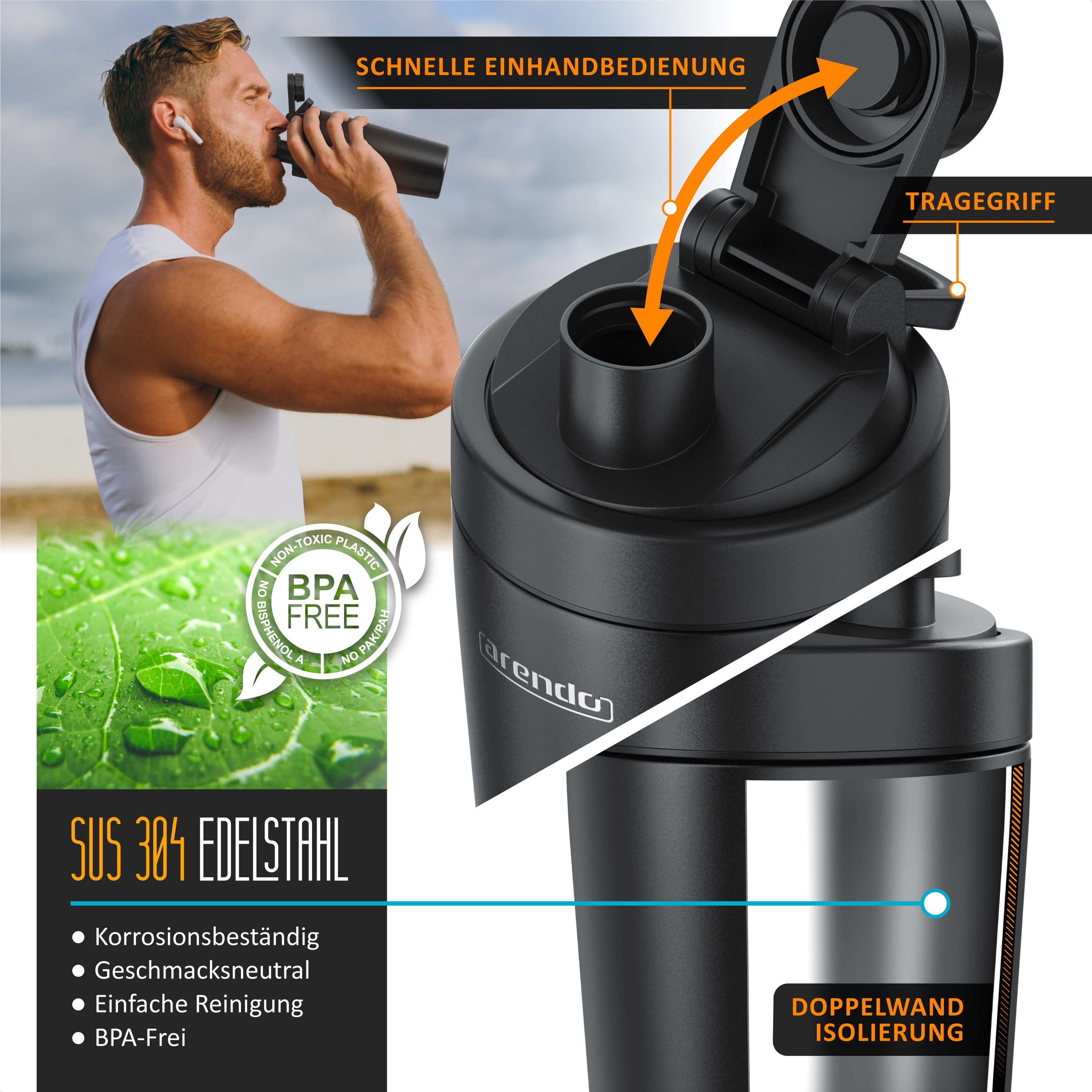 Arendo Protein Shaker Edelstahl Eiweißshaker 750 ml, verschließbar, bruchfest, BPA-frei, Edelstahl, auslaufsicher, spülmaschinengeeignet, mit Tragegriff und Mixball