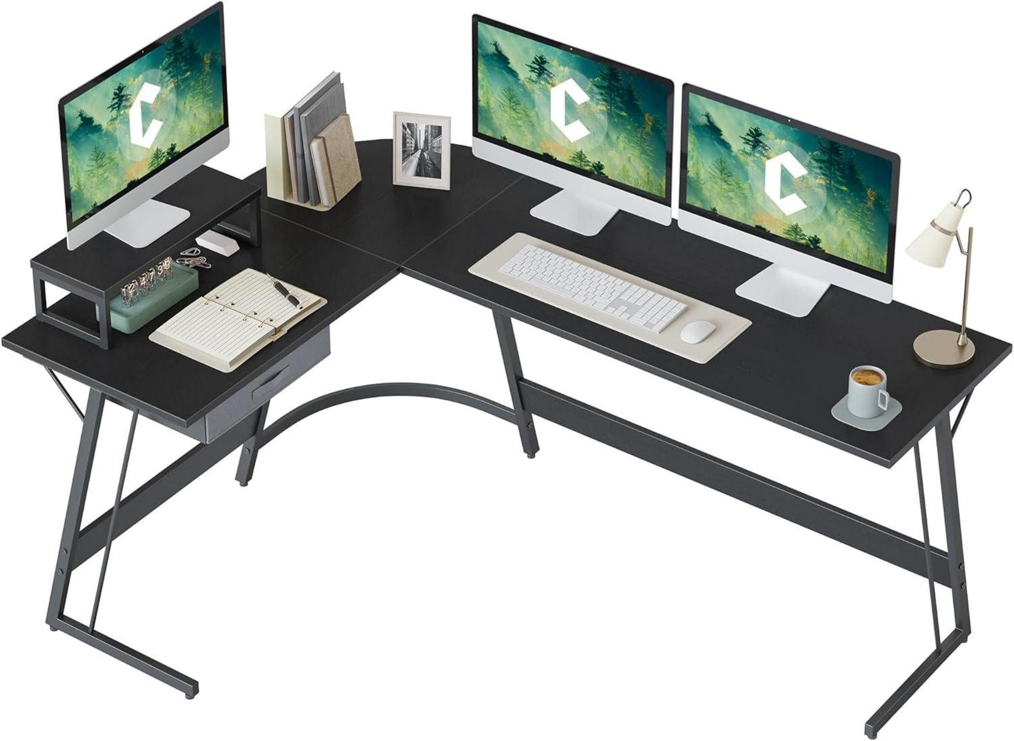 Eckschreibtisch Eckschreibtisch 170x120 cm Schwarz mit Monitorständer und Schubladen