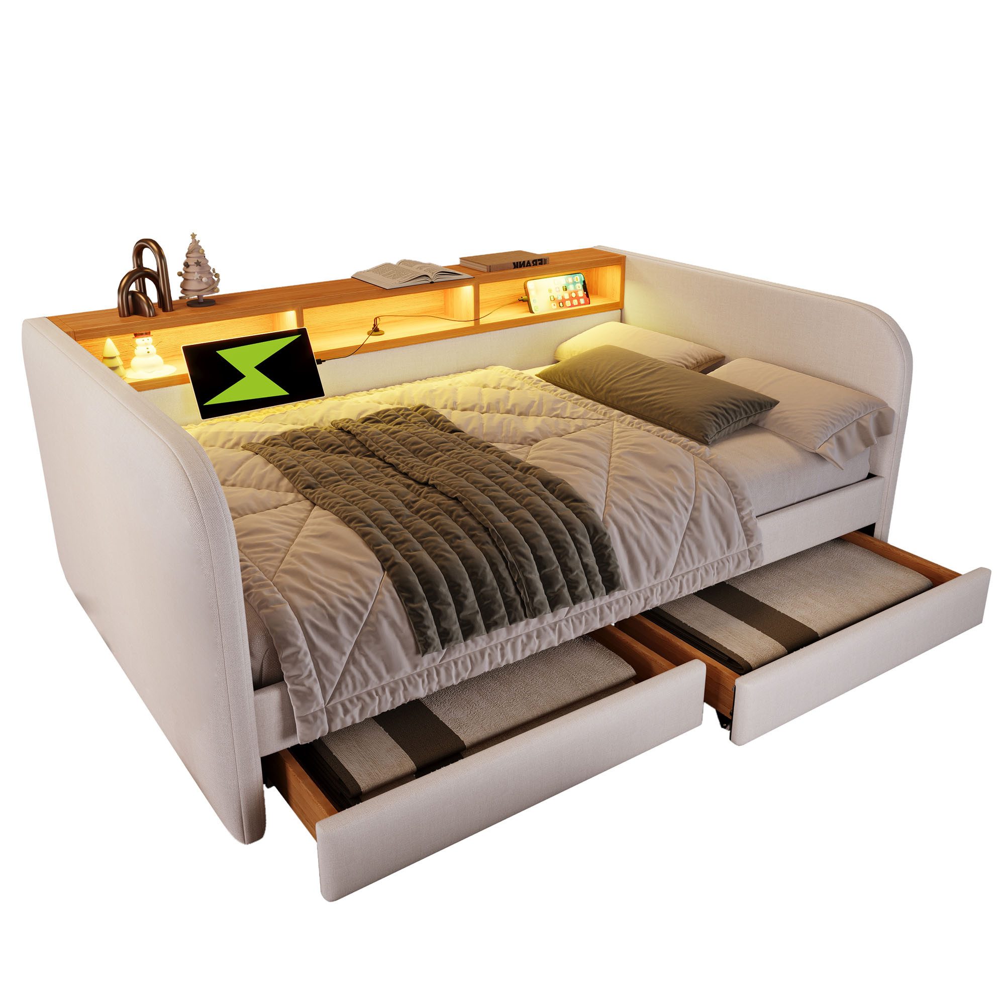 HAUSS SPOLE Daybett 140x190cm mit LED, USB-C Ladefunktion, 2 Schubladen Leinen, Beige (Tagesbett,Polsterbett), mit Lattenrost, 2 Stauraum Schubladen, LD