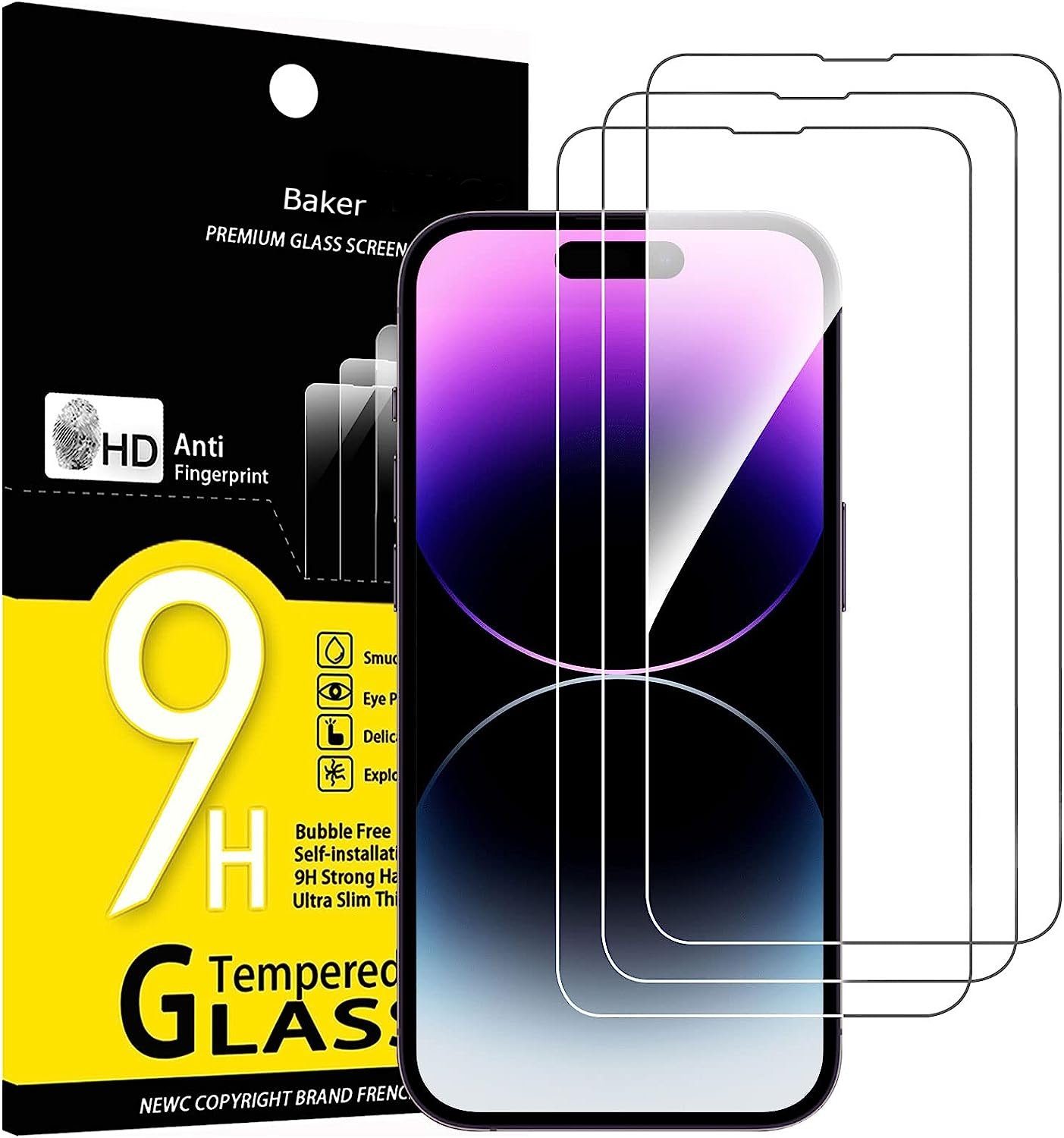 Baker Schutzfolie 3er Panzerglas für iPhone 14/14 Plus/14 Pro/ 14 Pro Max, (3 Pack), Sichtschutz, 9H Härte, HD Displayschutzfolie, 0.33mm Ultra-klar
