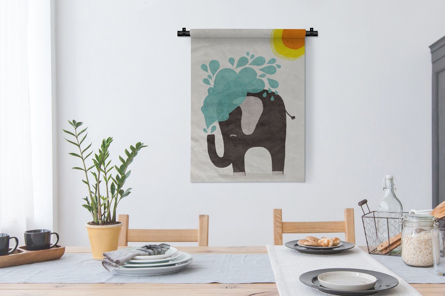 - Elefant - Wasser - Tapisserie, Sonne, an Wand, Deko für Wohnzimmer, Wanddekoobjekt der MuchoWow Schlafzimmer Kind