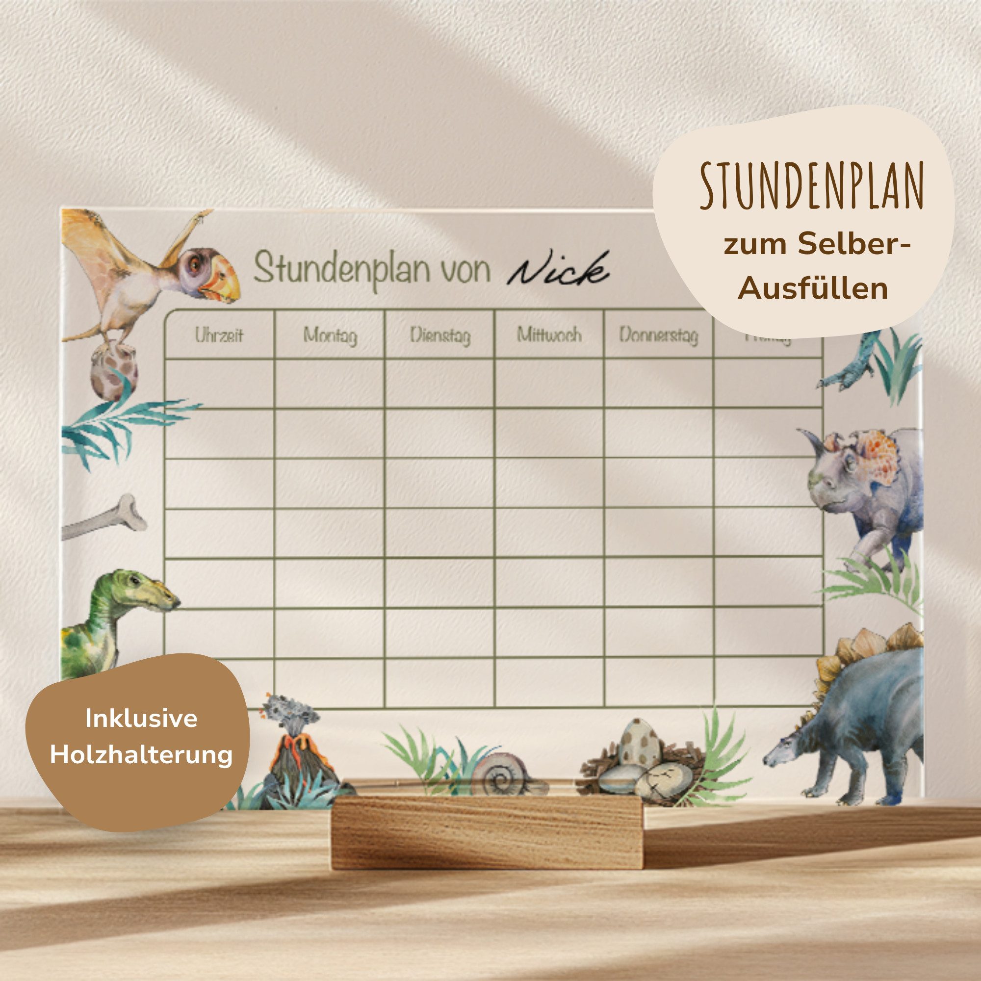 MeinBaby123® Schreibtischkalender Einschulung, Stundenplan Acrylglas transparent, Stundenplan abwischbar, Schulanfang Geschenk, inkl. Holzhalterung