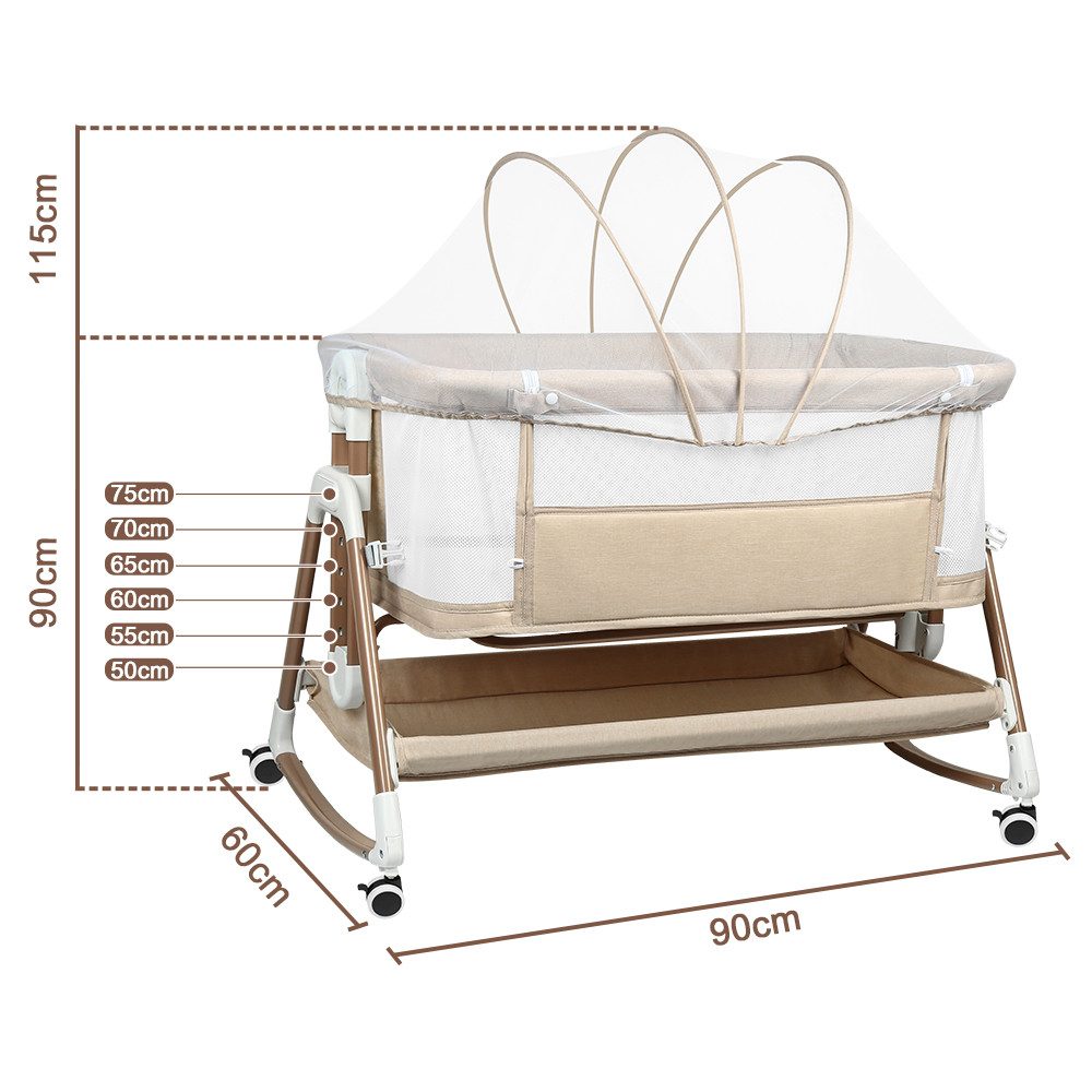 JEOBEST Beistellbett 3 in 1 Beistellbett Stubenwagen Babybett Baby-Reisebett, 6-stufige Höhenverstellung, mit Rollen, Matratze und Moskitonetz