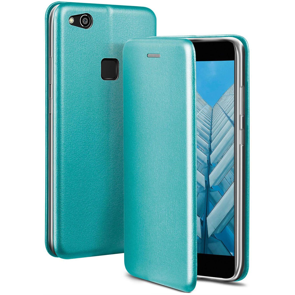ONEFLOW Handyhülle für Huawei P10 Lite Premium Hülle Business Cover Blau 5,2 Zoll, 360 Grad Schutzhülle Flip Case Etui Klapphülle Dünn Leder Handy Tasche
