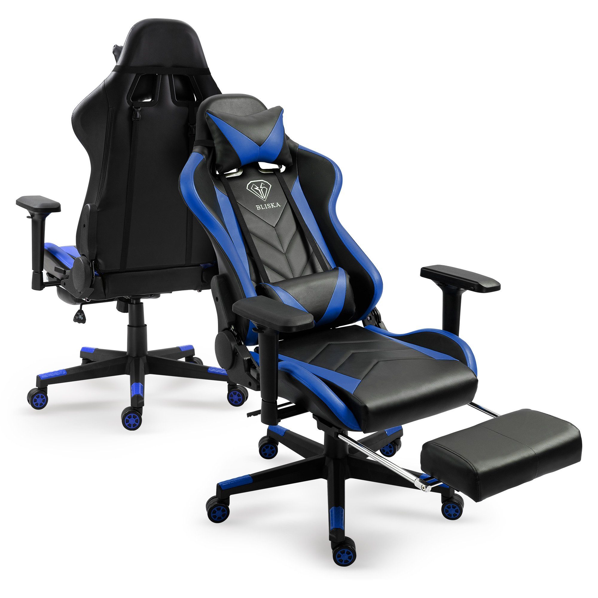 TRISENS Chefsessel Leo (1 Stück), und mit in gaming Schwarz/Blau Gaming Fußstütze 4D-Armlehnen Stuhl Lederoptik chair