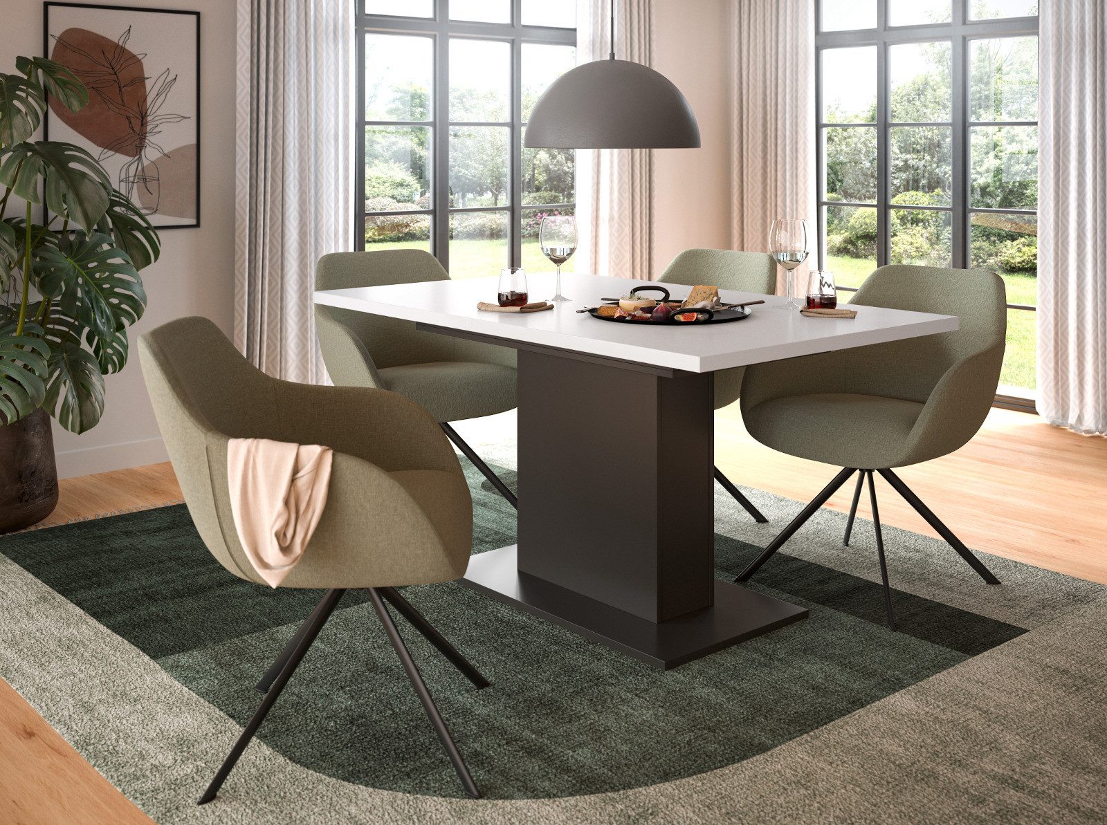 Inn.Furn Säulen-Esstisch Home-X (Küchentisch in weiß und grau, ausziehbar, 150 - 190 cm), Melaminbeschichtet, bis zu 8 Personen