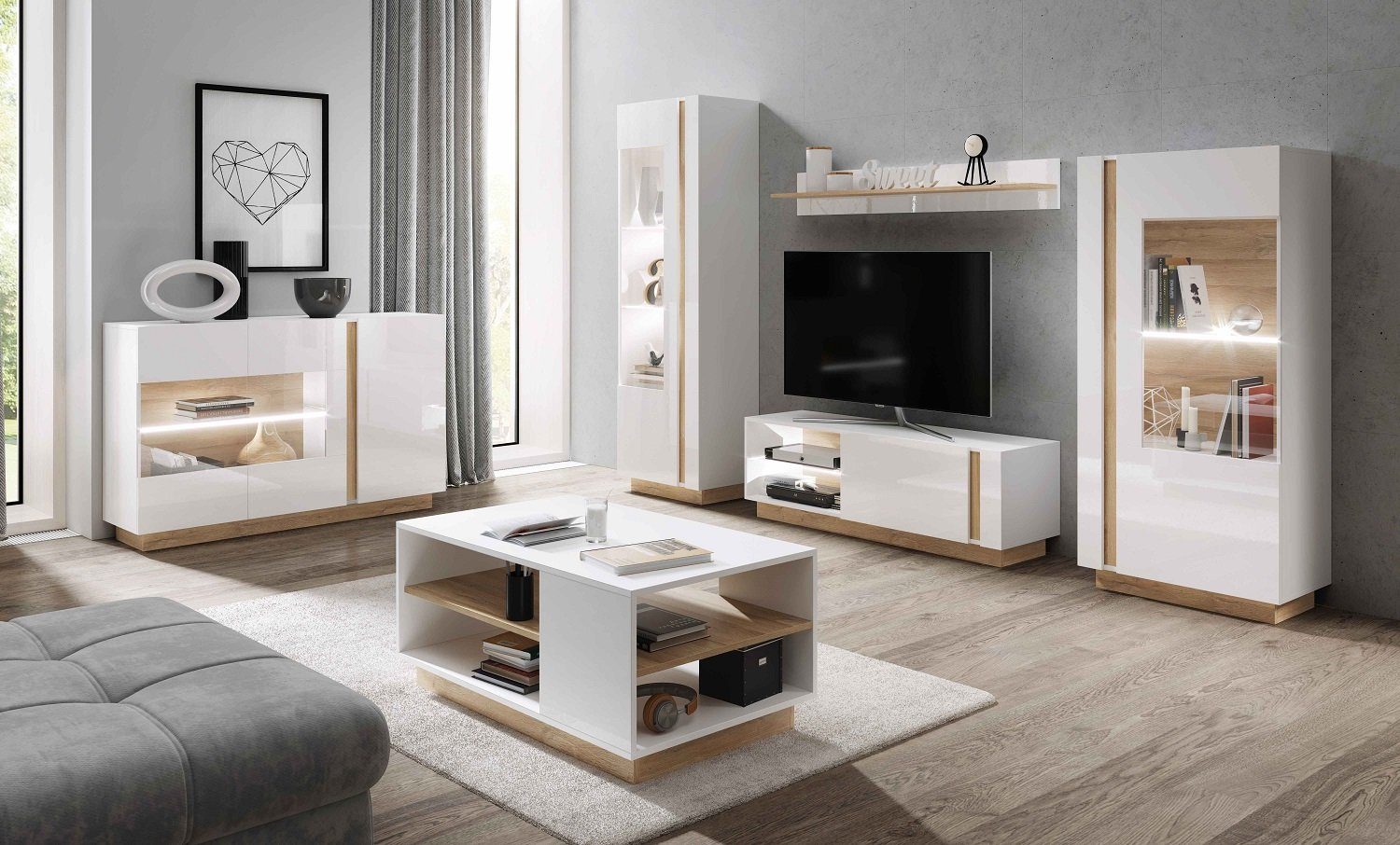 Holztisch x T60 in made EU Weiß/ Furnix B100 dekorativ, Couchtisch cm, eckiger 2 Ablagefächern Grandson, H45 Eiche MAIKKO x