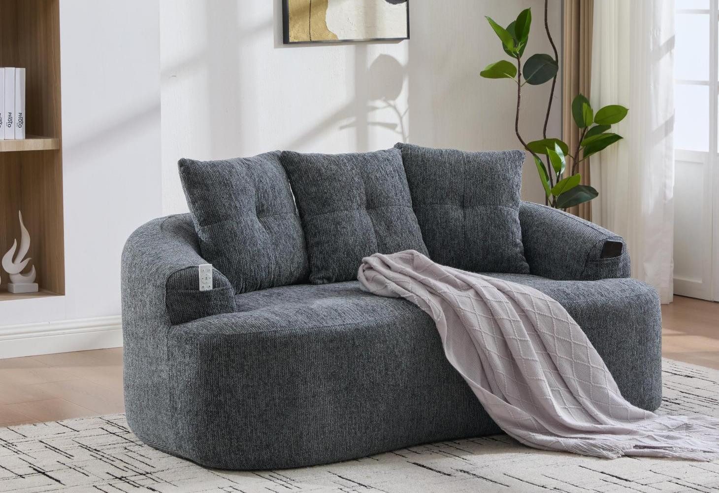 LVHOM 2-Sitzer Polstersofa Loungesofa mit Seitentaschen, 3 kleine Zierkissen, Chenille Stoff, Schaumstoffpolsterung, Integrierte Rundlehne mit Armlehnen, Ergonomisches Design, bis 180 kg, für Wohn-/ Schlaf-/Arbeitszimmer, Apartment, Empfangsräume, Ruhezonen