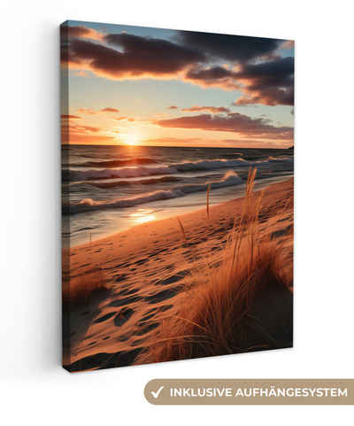OneMillionCanvasses® Leinwandbild Strand - Sonnenuntergang - Dünen - Meer - Hochgras, Sonnenuntergang - Dünen (1 St), Leinwand Bilder für Wohnzimmer Schlafzimmer 30x40 cm