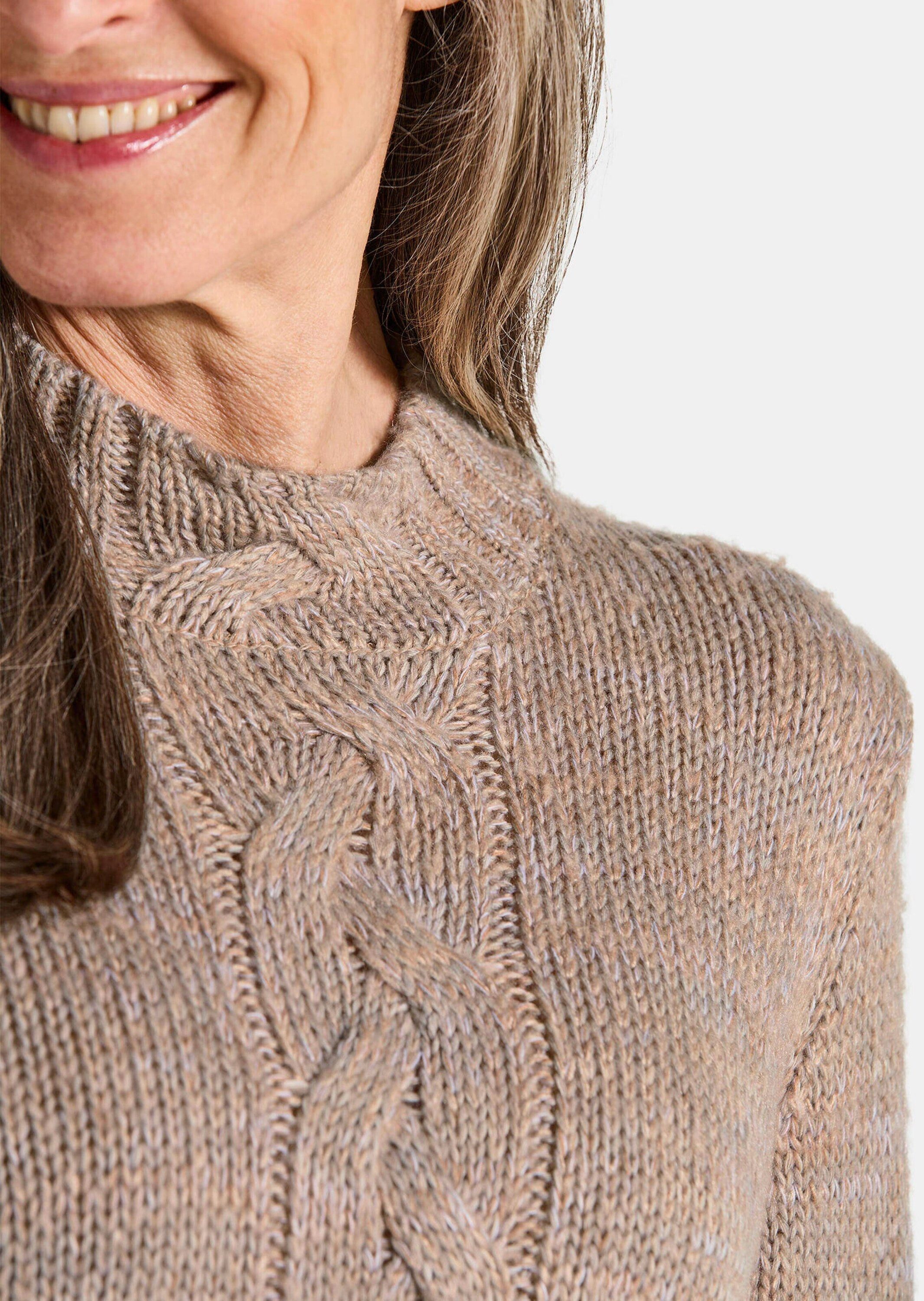 GOLDNER Strickpullover Hüftlanger Langarm Pullover, Zopfstrick Melange Feinstrick-Pullover mit Stehkragen und Rippenstruktur