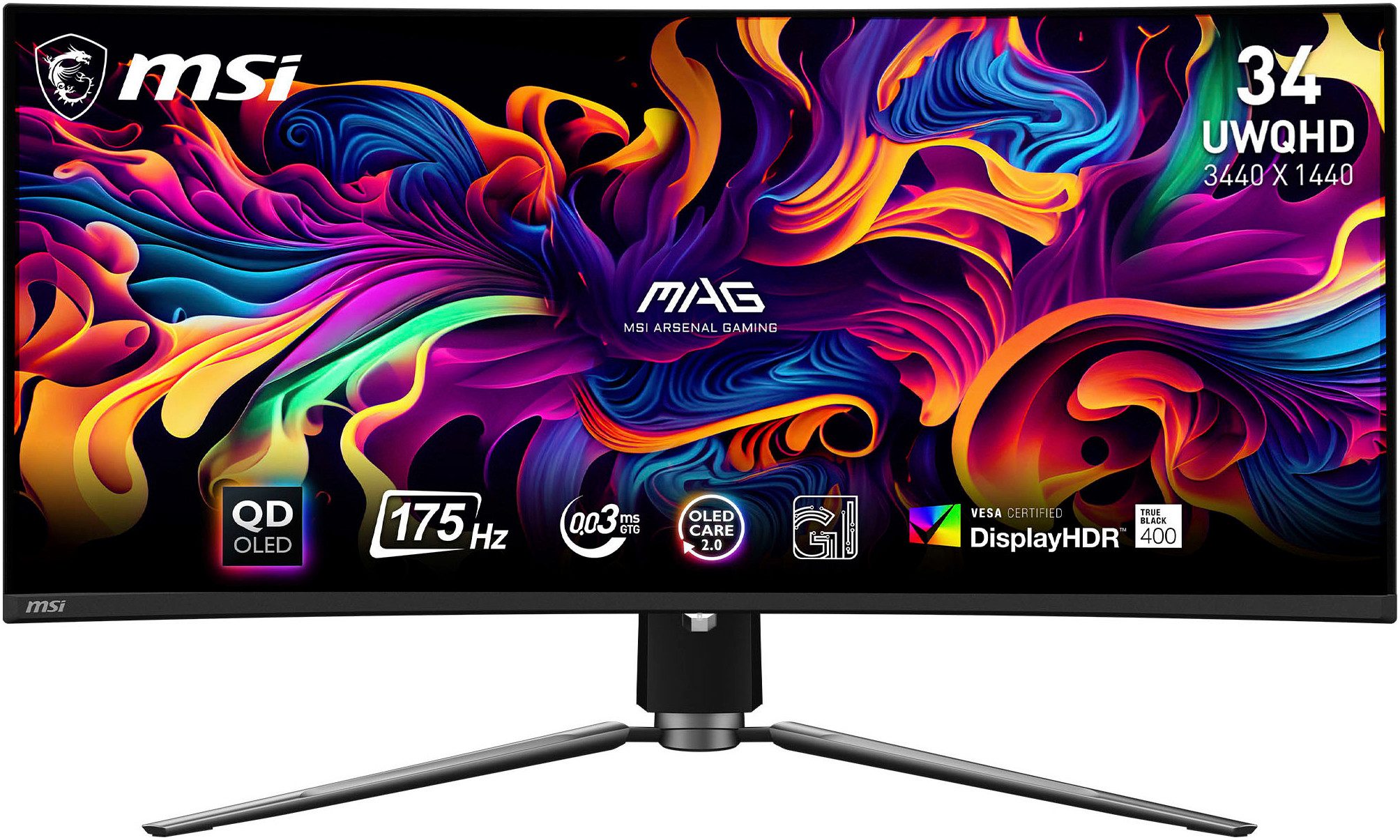 MSI MAG 341CQPDE QD-OLED TFT-Monitor (3440 x 1440 px, UltraWide Quad HD, 0,03 ms Reaktionszeit, 175 Hz, OLED, HDR, Kopfhörerbuchse, Höhenverstellbar)