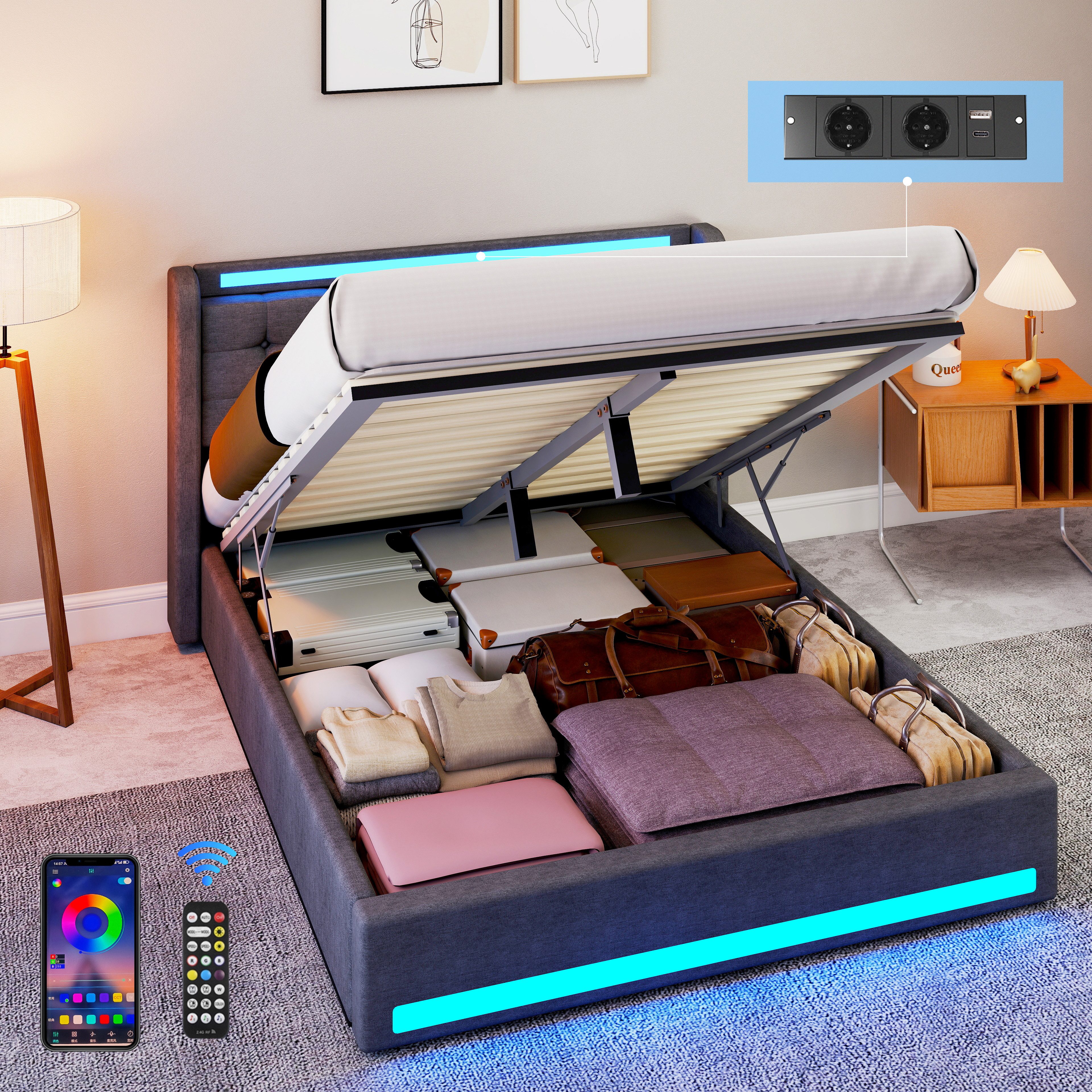 oyajia Stauraumbett LED Hydraulisches Doppelbett 140x200cm mit Ladefunktion günstig online kaufen