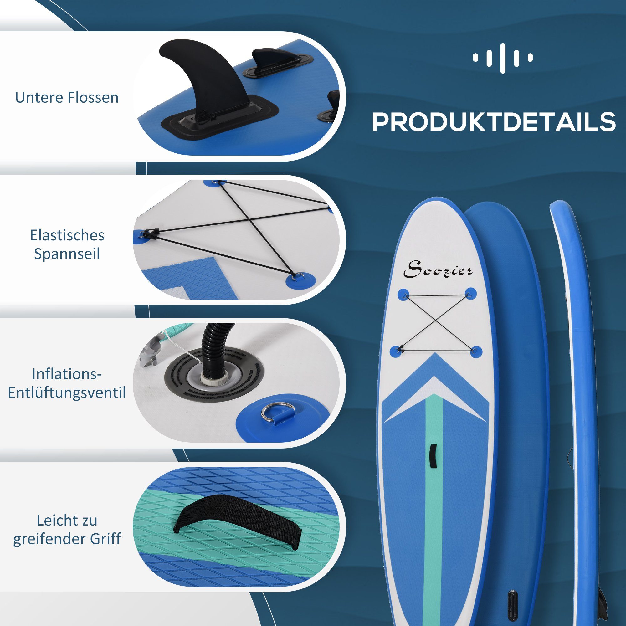 1 HOMCOM 6 Paddle SUP-Board Surfboard, tlg., Board), mit (Set, Paddel Longboard, x