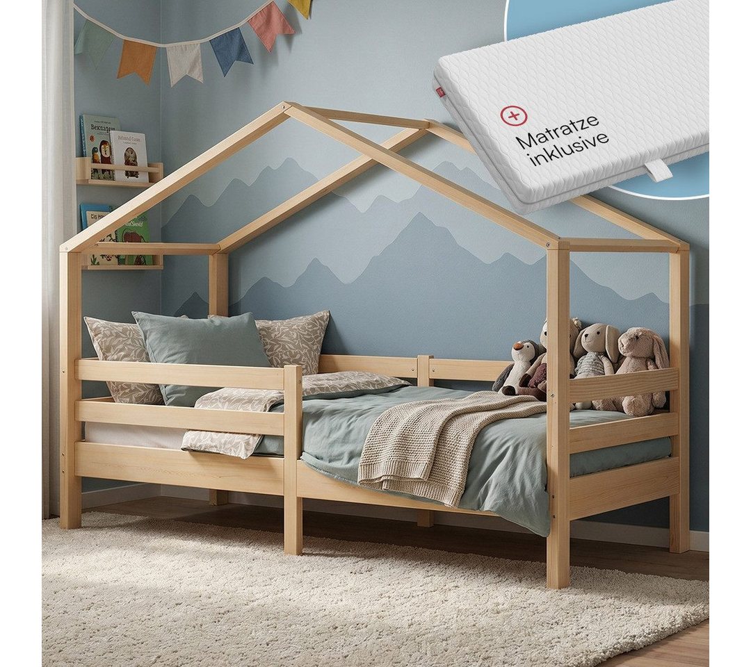 Bellabino Hausbett Abia Kinderbett mit Lattenrost und Rausfallschutz (natur, mit Matratze), Kinderbett 90x200 cm, verfügbar in verschiedenen Ausführungen