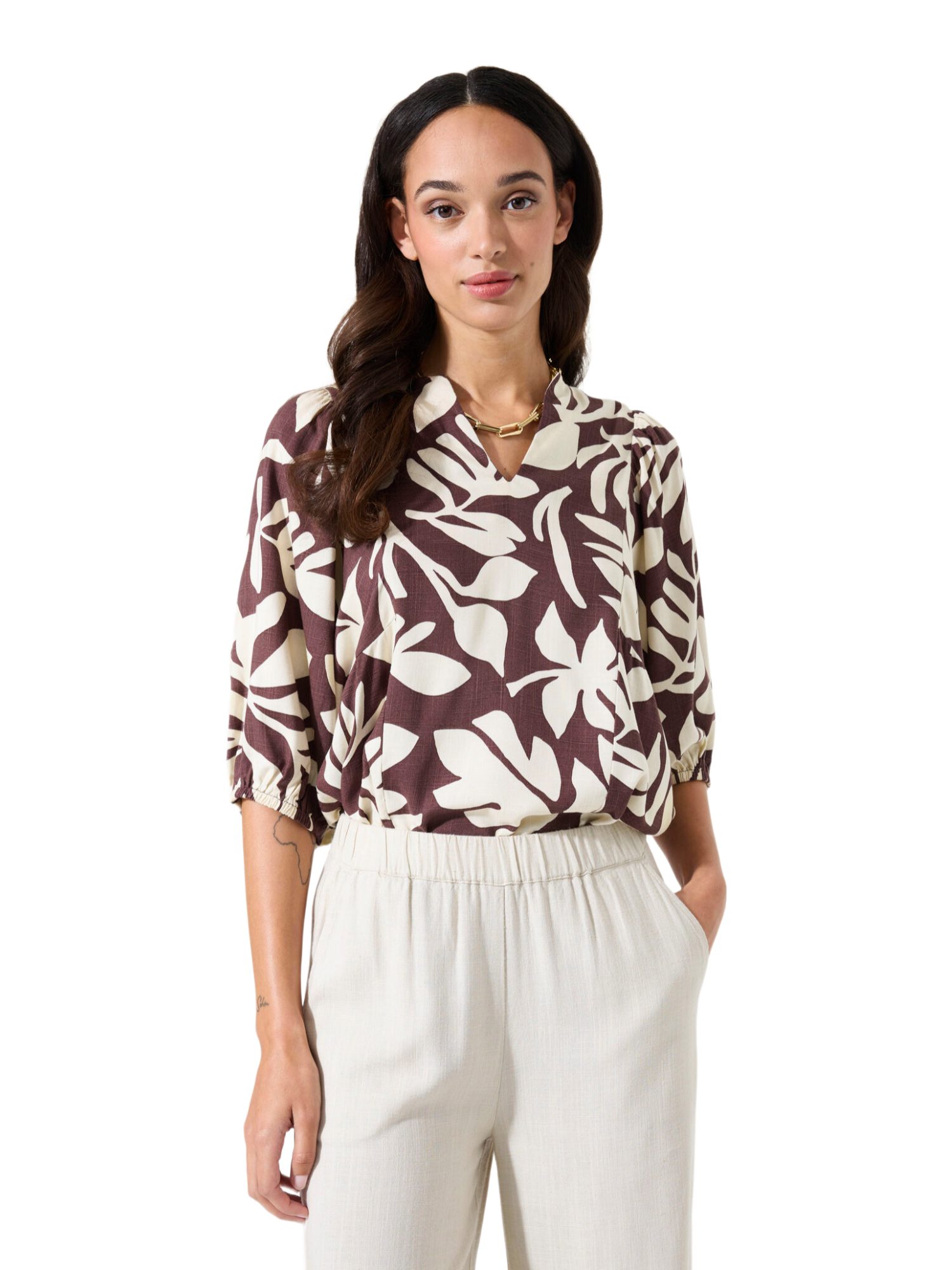 Garcia Hemdbluse braun,Casual,Viskose,Allover-Print,V-Ausschnitt,3/4 Arm,Regular Fit