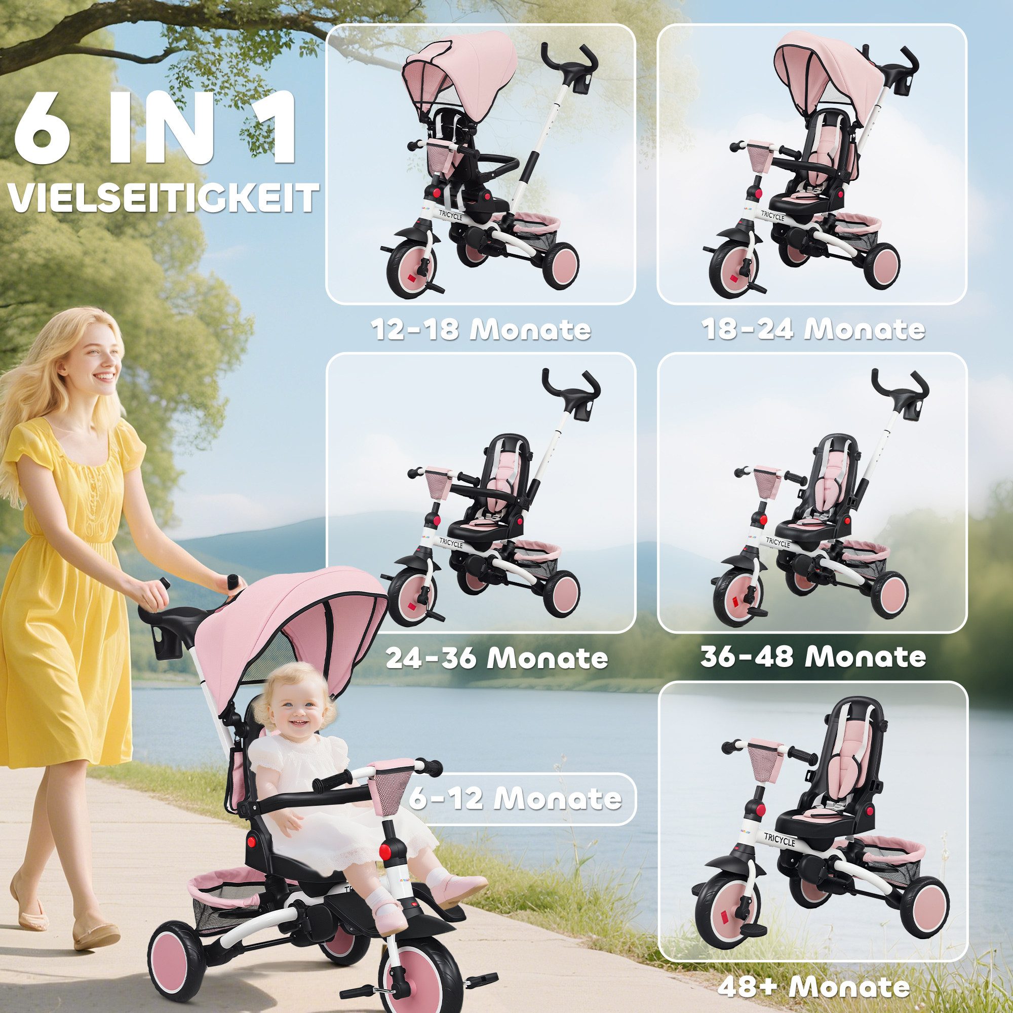 kowdom Dreirad 6-in-1 Kinderdreirad, 360° Sitz, Schiebegriff, faltbar, rosa, 6-in-1 Kinderdreirad, 360° Sitz, 1-5 Jahre, 25 kg Belastbarkeit