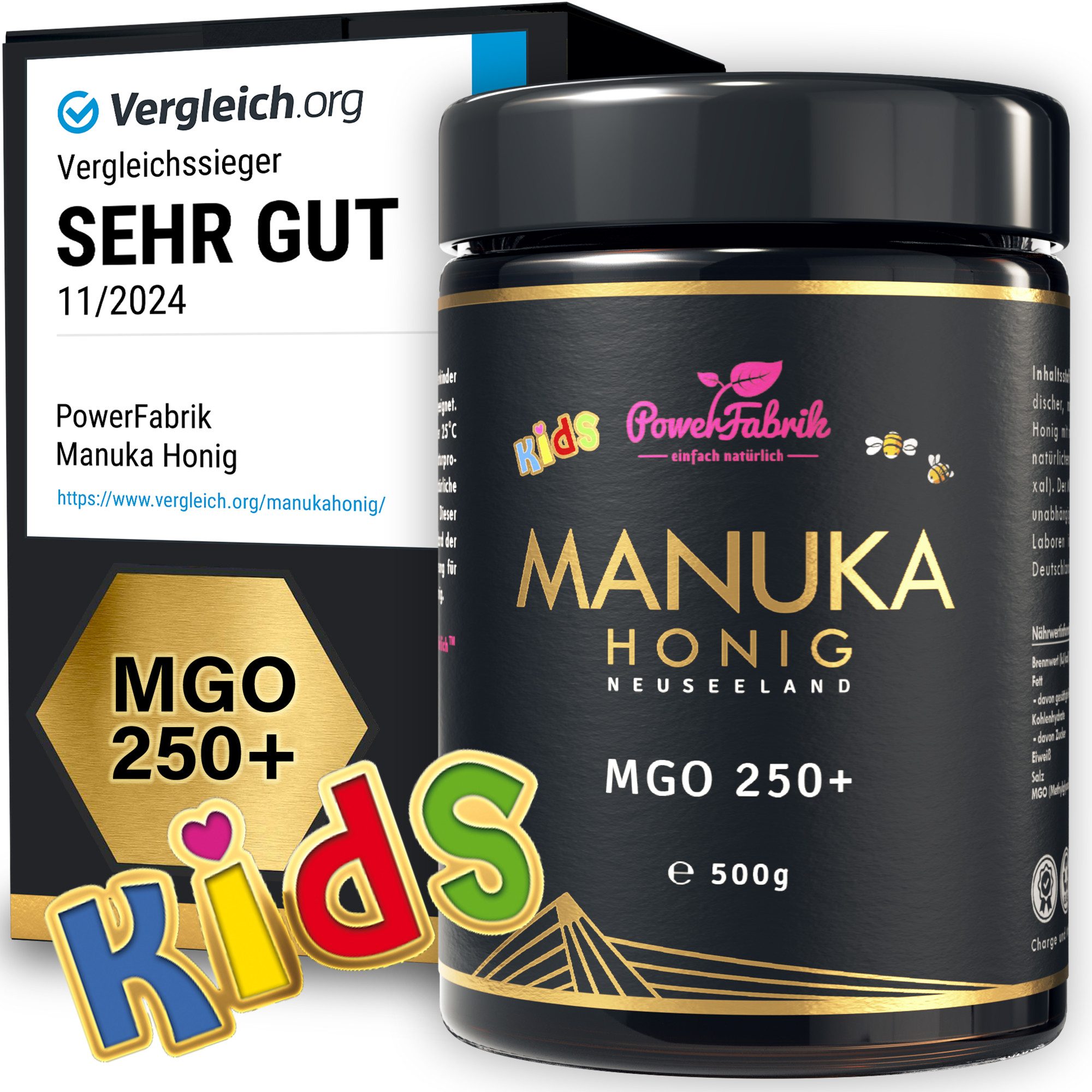 PowerFabrik Honig Manuka Honig MGO 250+ Kinder, Original aus Neuseeland, im Glas, 500g, 1 x